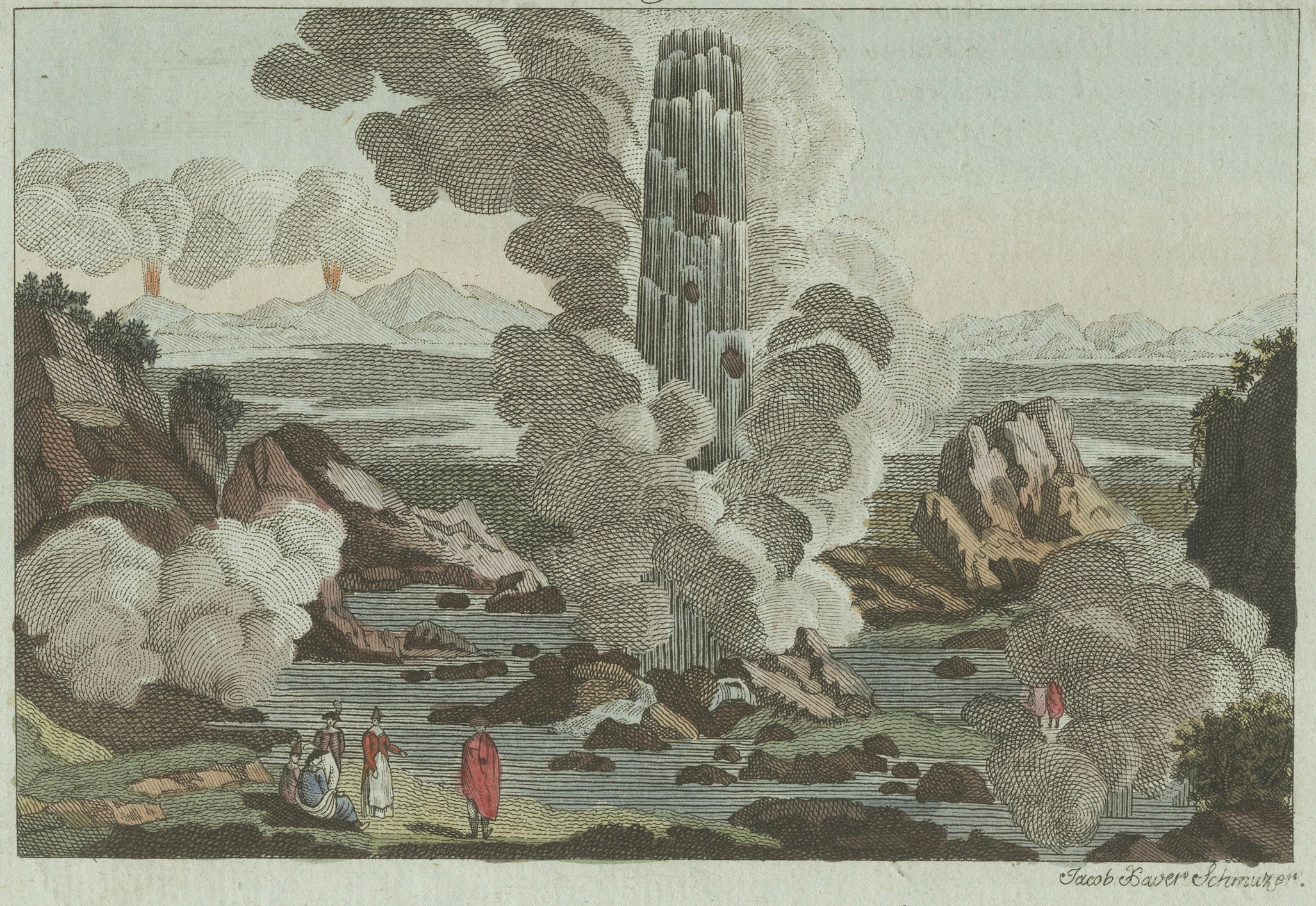 Original Antique Print of Iceland Geyser, Hekla and Orkney Bird Catchers, 1802