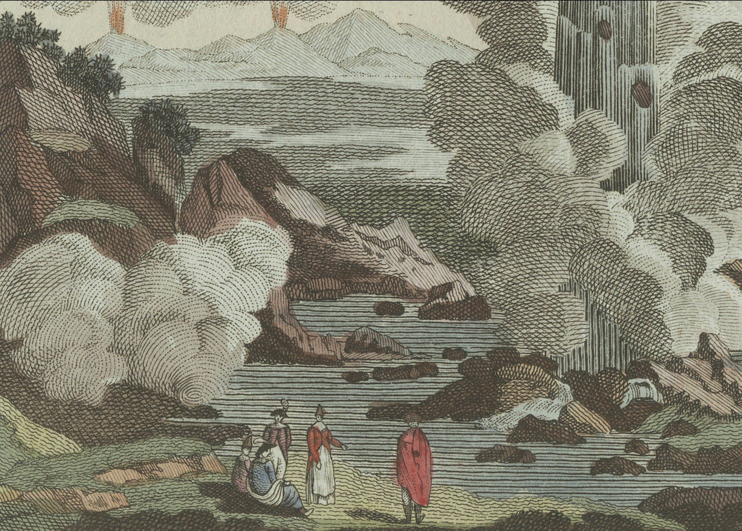 Original Antique Print of Iceland Geyser, Hekla and Orkney Bird Catchers, 1802