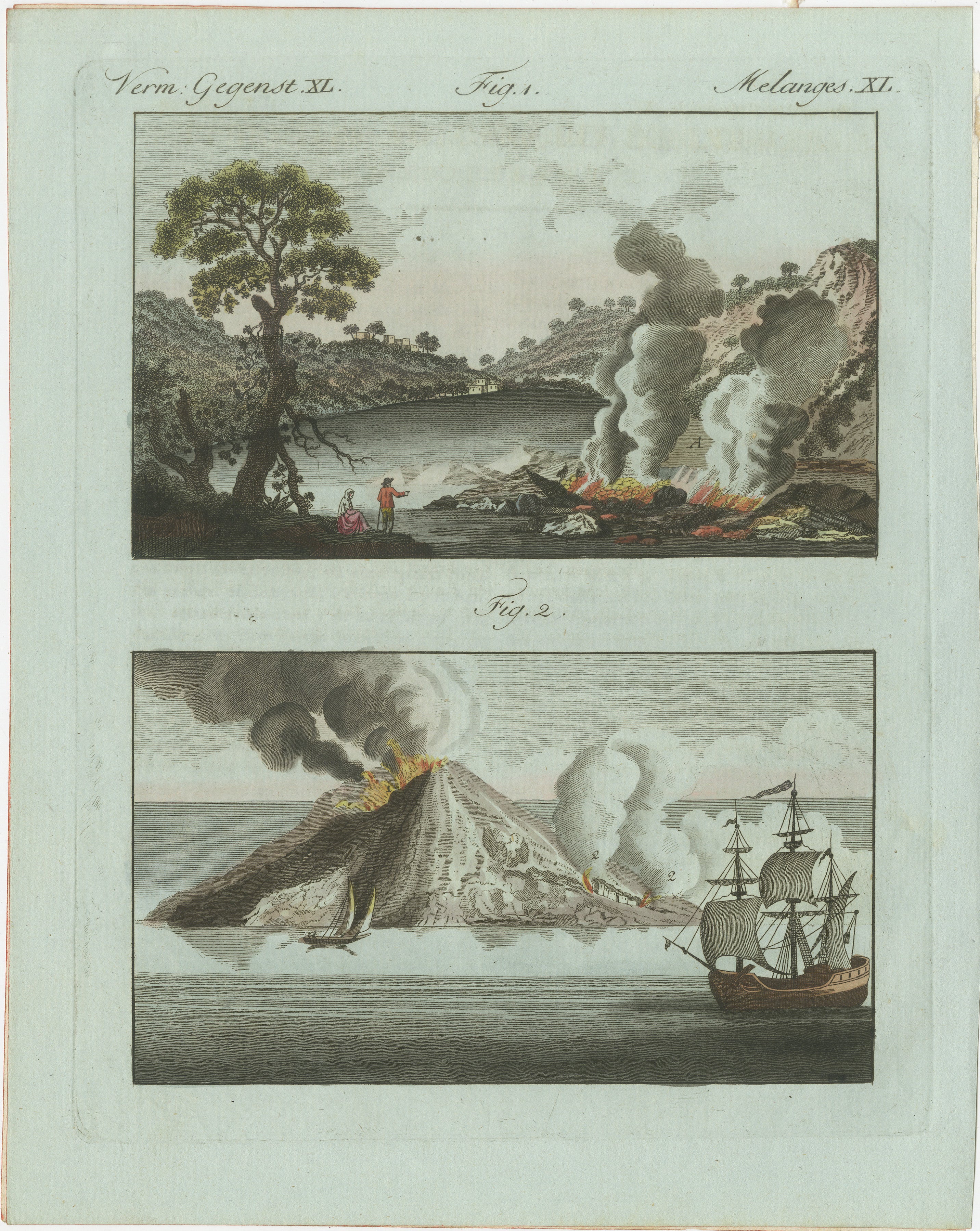 Original Antique Print of Volcanic Eruptions and Ships by Bertuch, c. 1800 For Sale