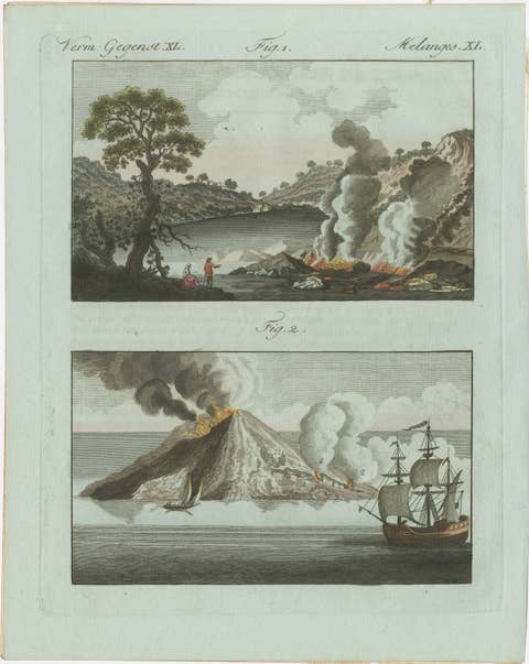 Original Antique Print of Volcanic Eruptions and Ships by Bertuch, c. 1800