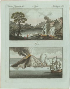 Original Antique Print of Volcanic Eruptions and Ships by Bertuch, c. 1800