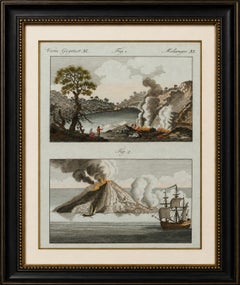 Original Antique Print of Volcanic Eruptions and Ships by Bertuch, c. 1800