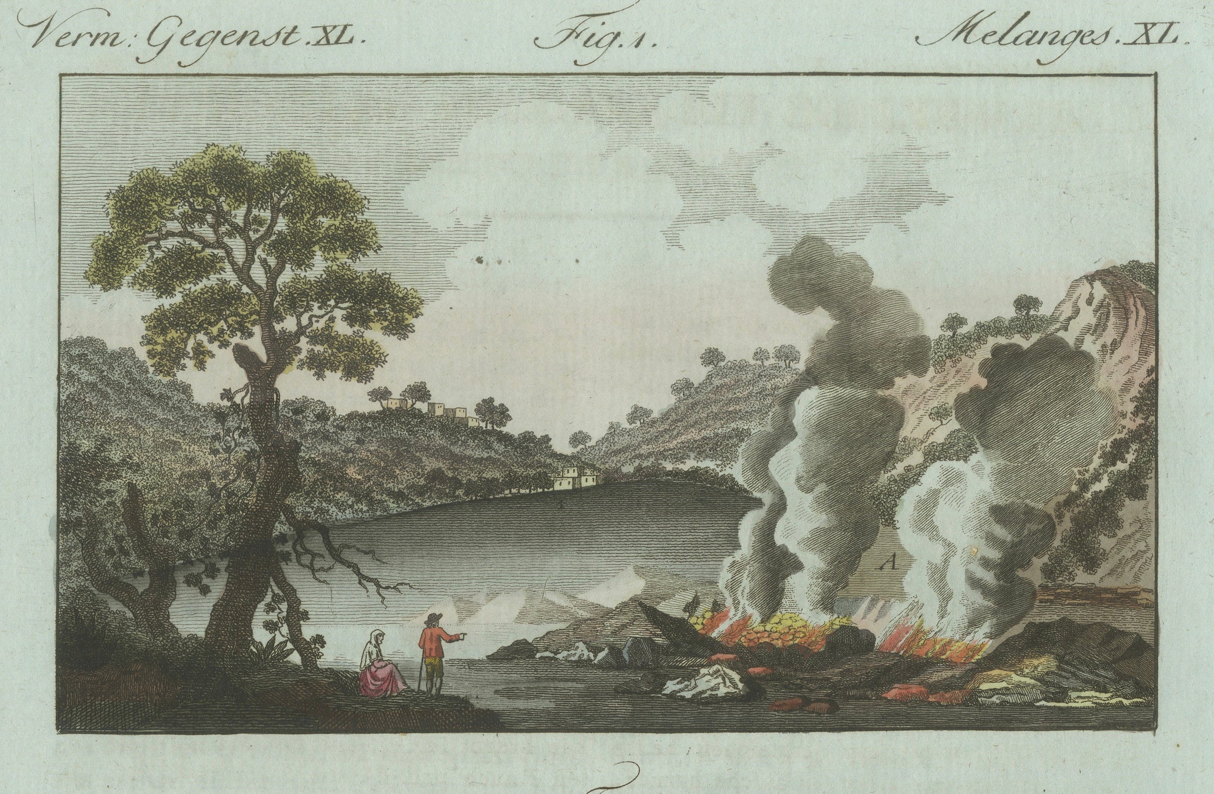 Original Antique Print of Volcanic Eruptions and Ships by Bertuch, c. 1800