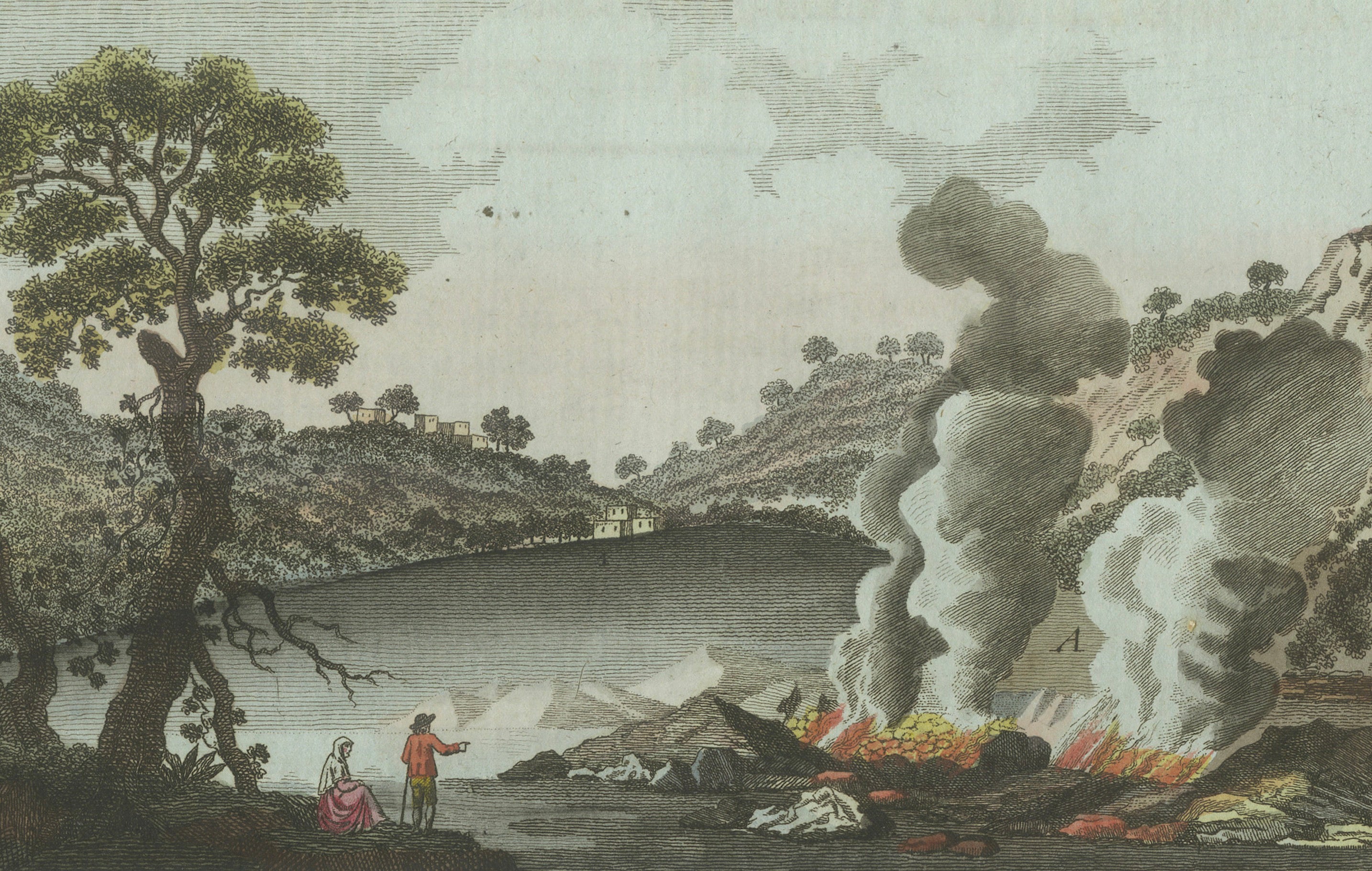 Original Antique Print of Volcanic Eruptions and Ships by Bertuch, c. 1800
