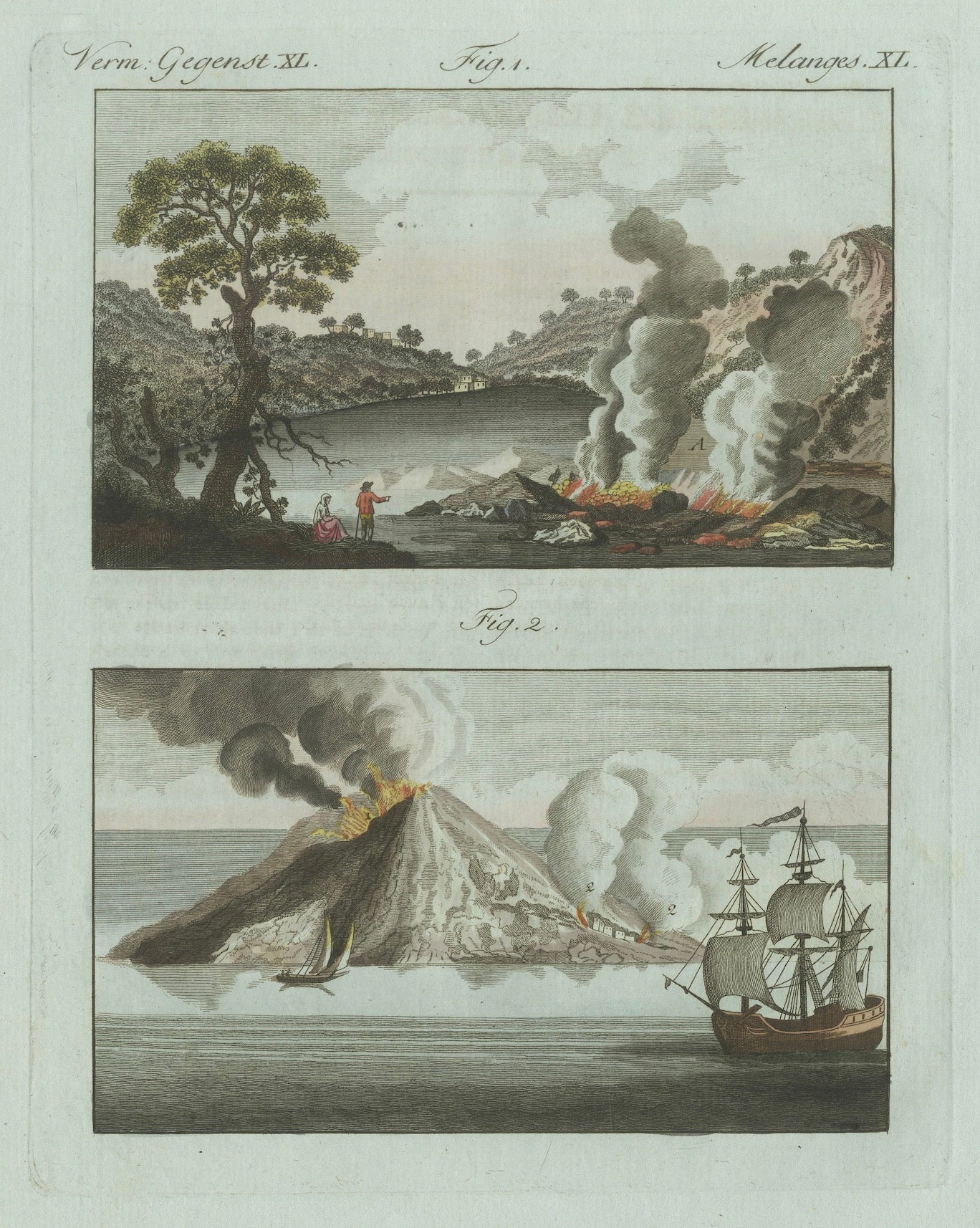 Original Antique Print of Volcanic Eruptions and Ships by Bertuch, c. 1800