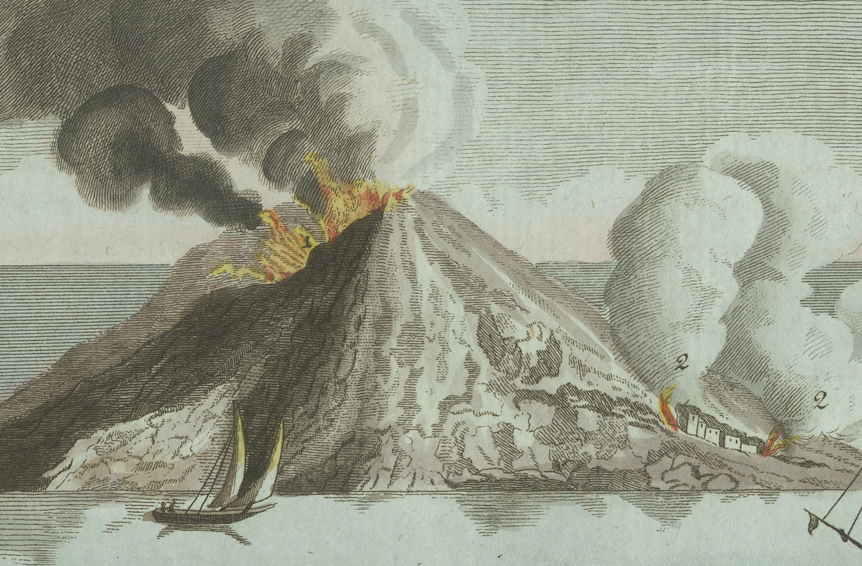 Original Antique Print of Volcanic Eruptions and Ships by Bertuch, c. 1800