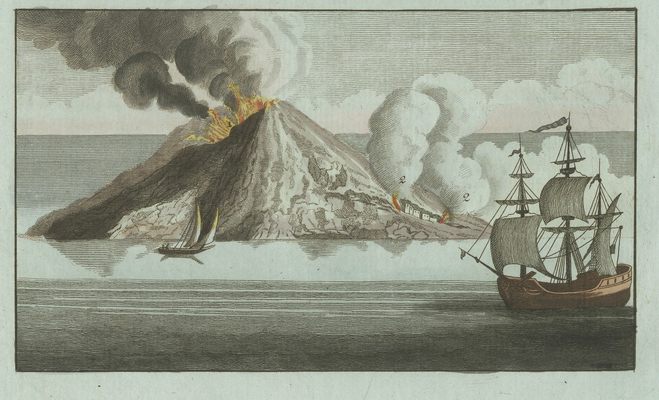 Original Antique Print of Volcanic Eruptions and Ships by Bertuch, c. 1800