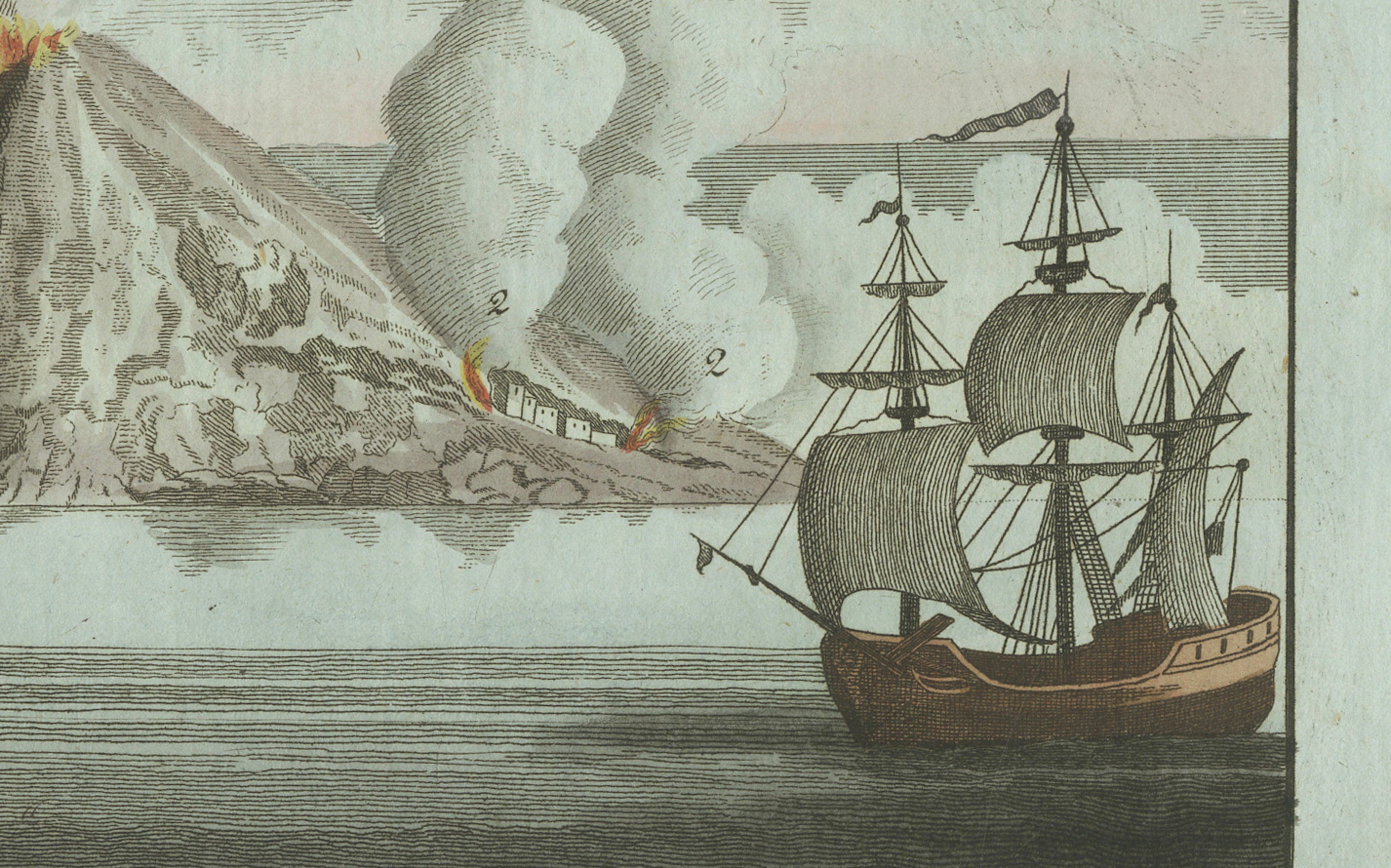 Original Antique Print of Volcanic Eruptions and Ships by Bertuch, c. 1800
