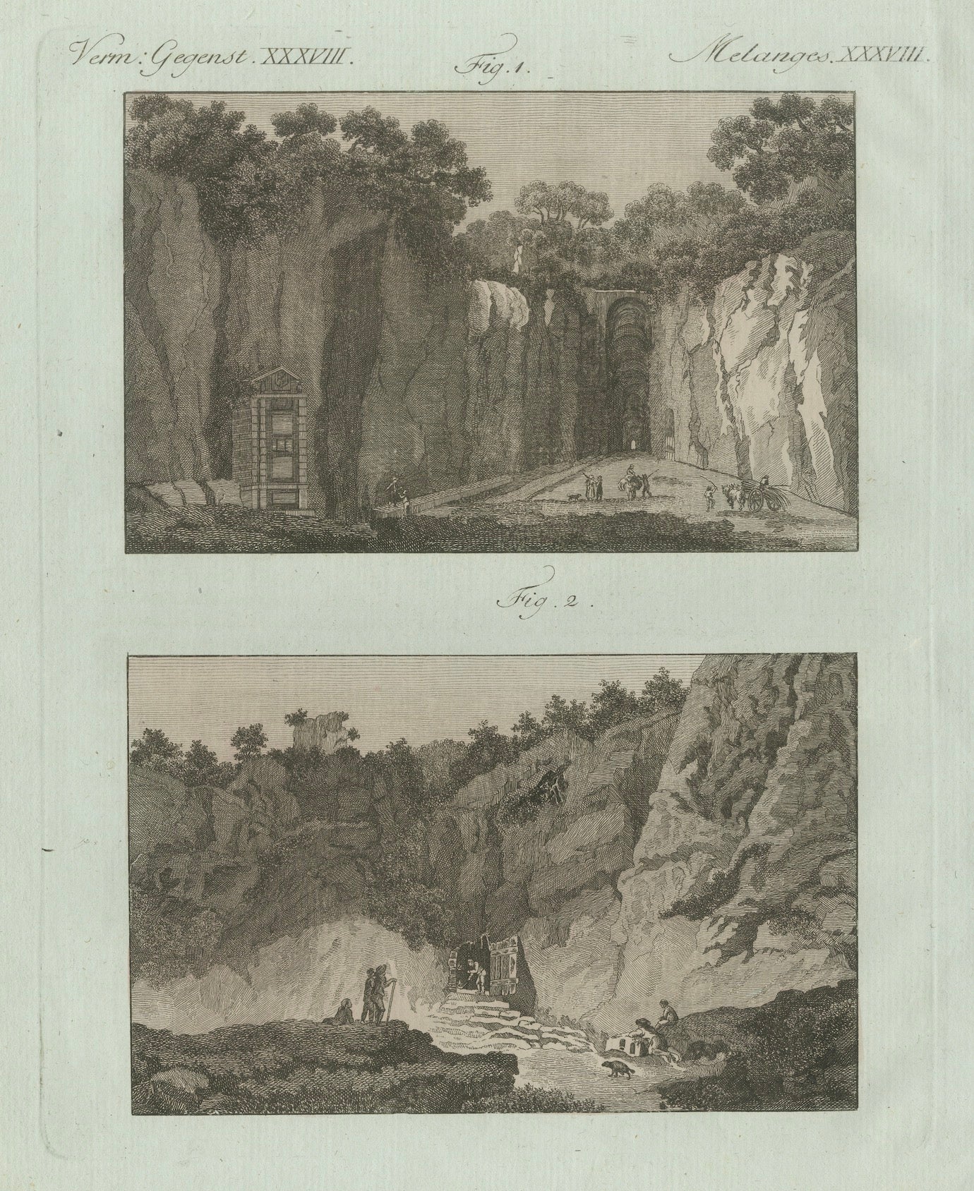 Original Antique Print of Mountain Roads and Rock-Cut Passes by Bertuch, c. 1800