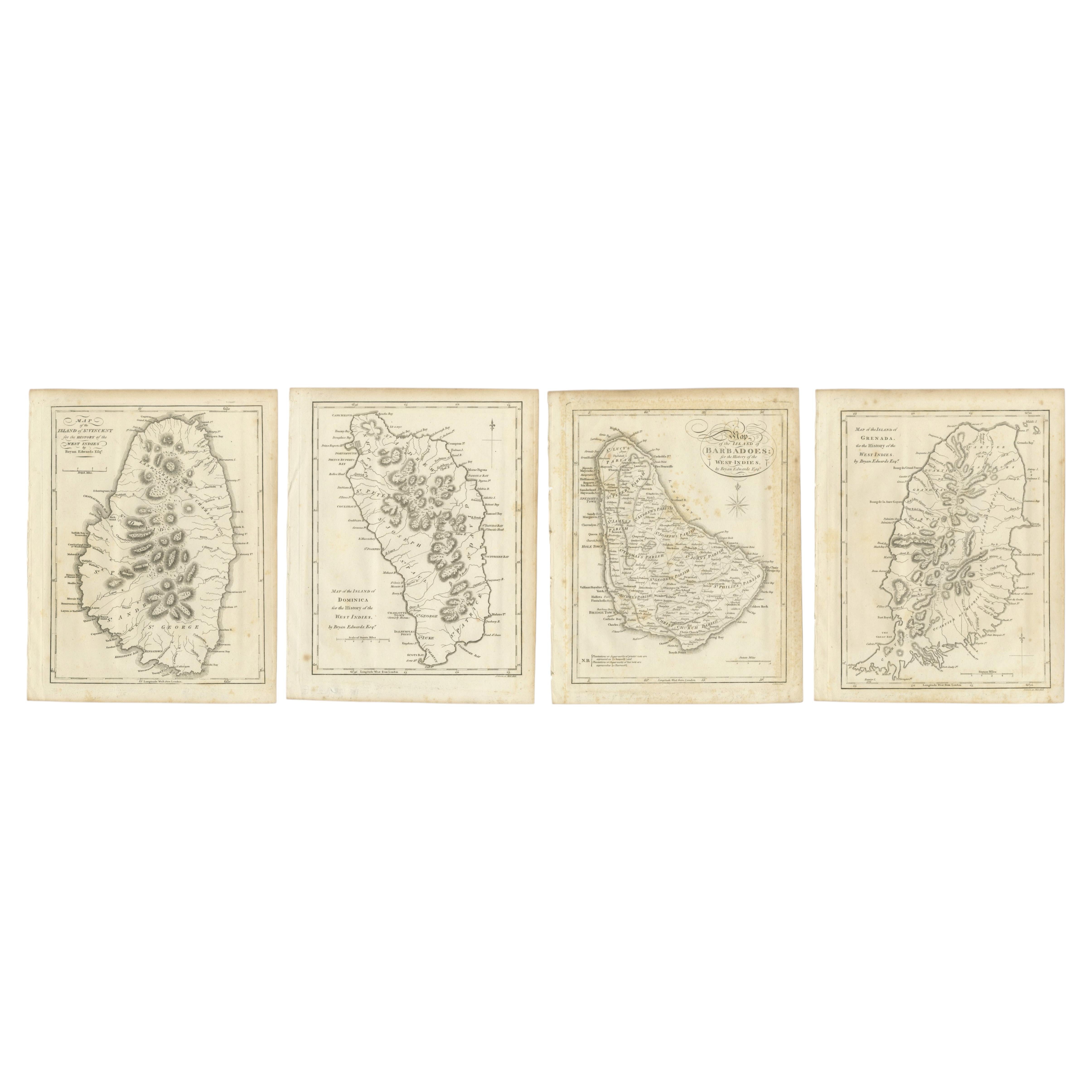 Set of Four Antique Maps of Caribbean Islands by Bryan Edwards, 1818