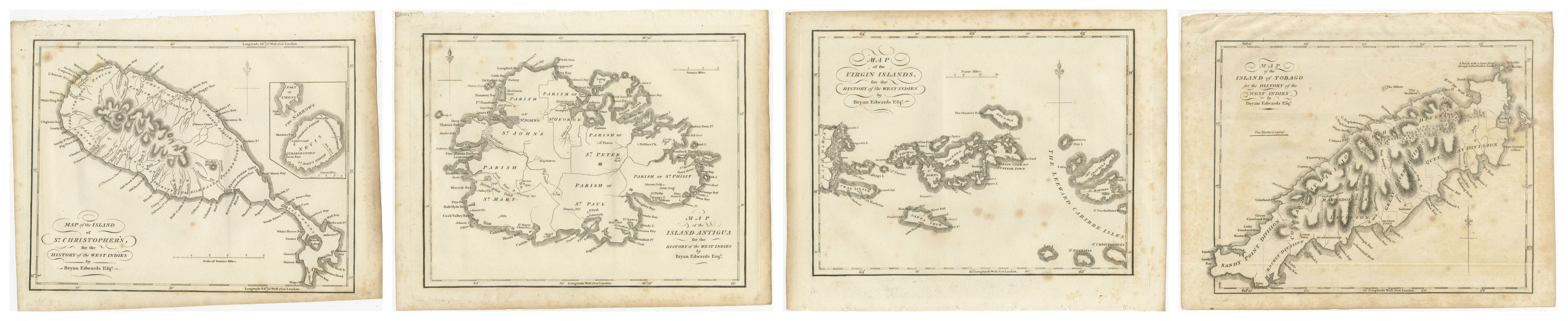 Antique Caribbean Maps of St. Kitts, Antigua, Virgin Islands & Tobago, 1818