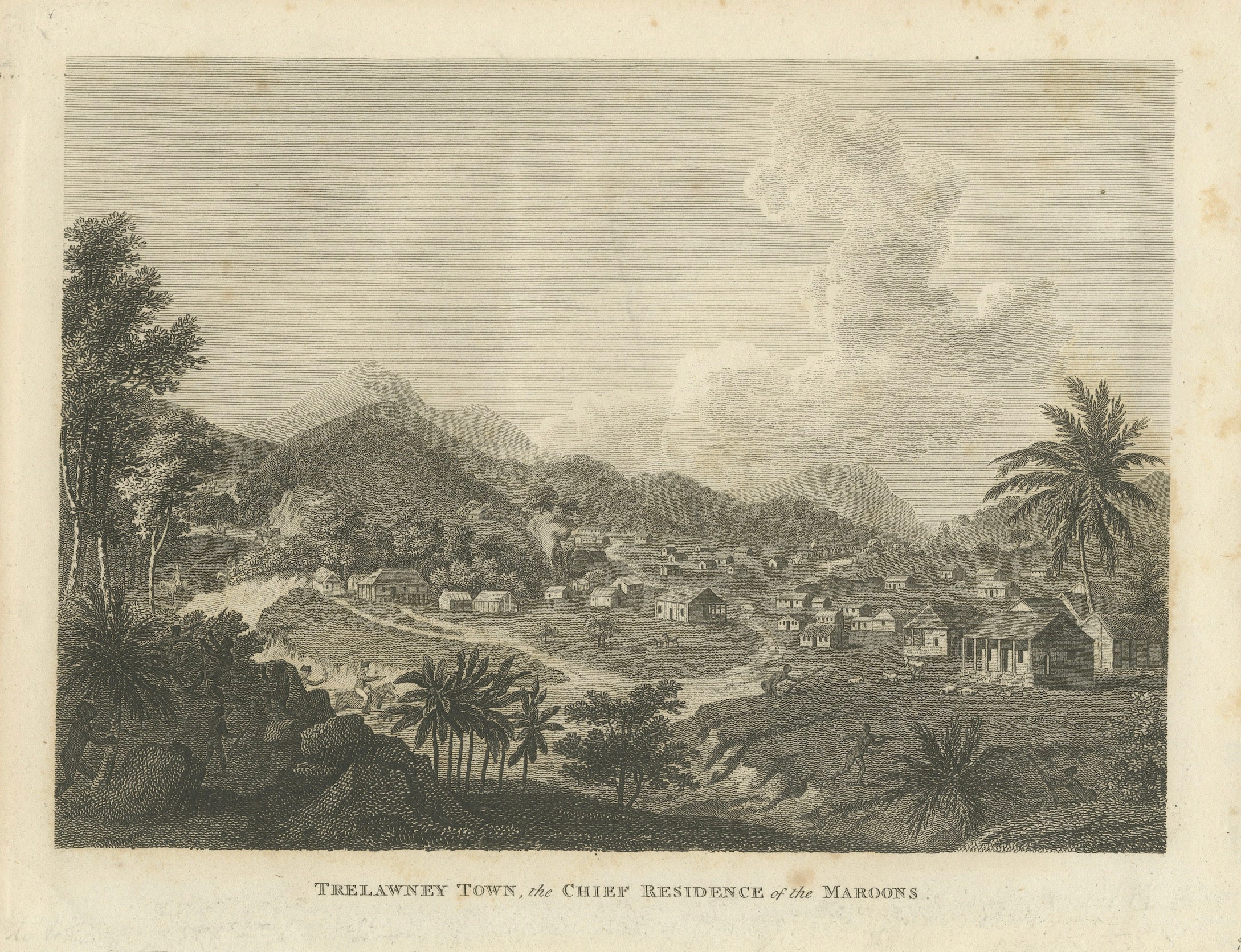 Antique View of Trelawney Town, Jamaica Maroons, Bryan Edwards, 1818