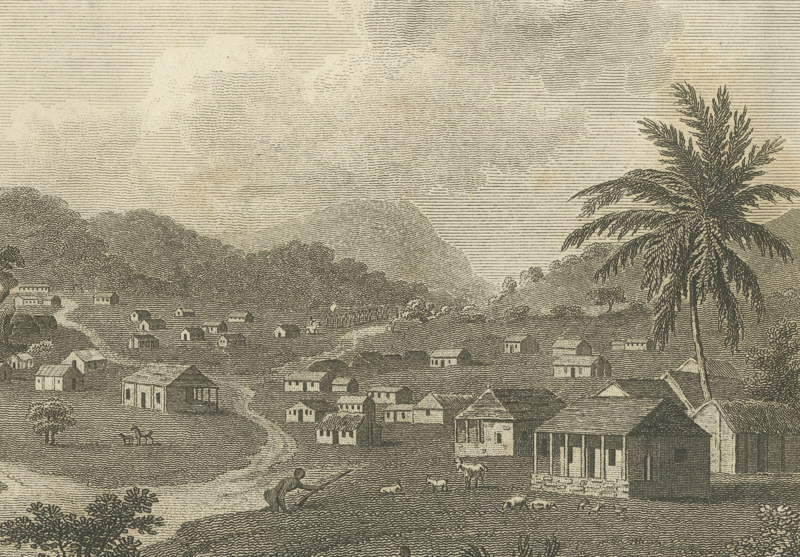 Antique View of Trelawney Town, Jamaica Maroons, Bryan Edwards, 1818
