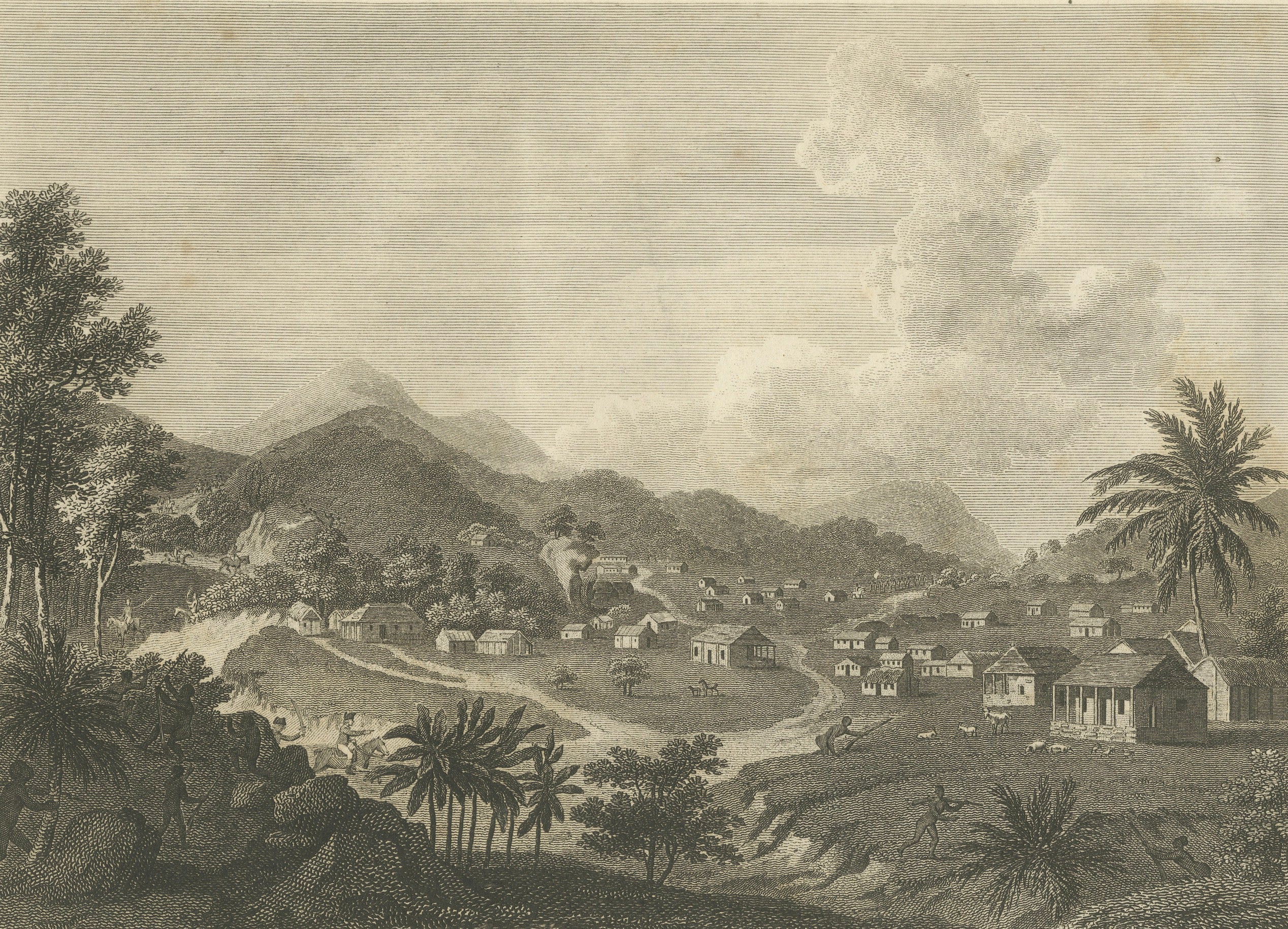 Antique View of Trelawney Town, Jamaica Maroons, Bryan Edwards, 1818