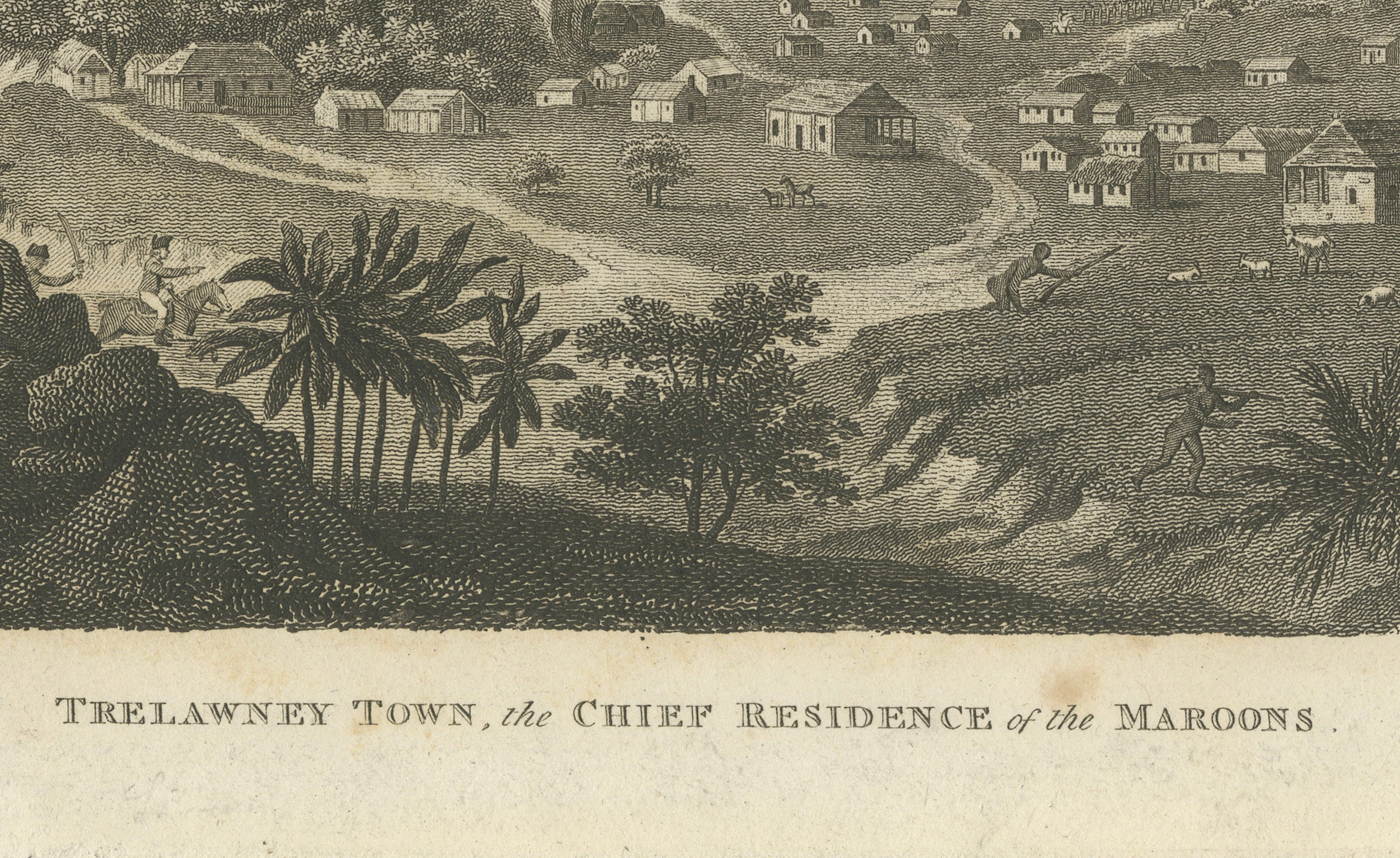 Antique View of Trelawney Town, Jamaica Maroons, Bryan Edwards, 1818