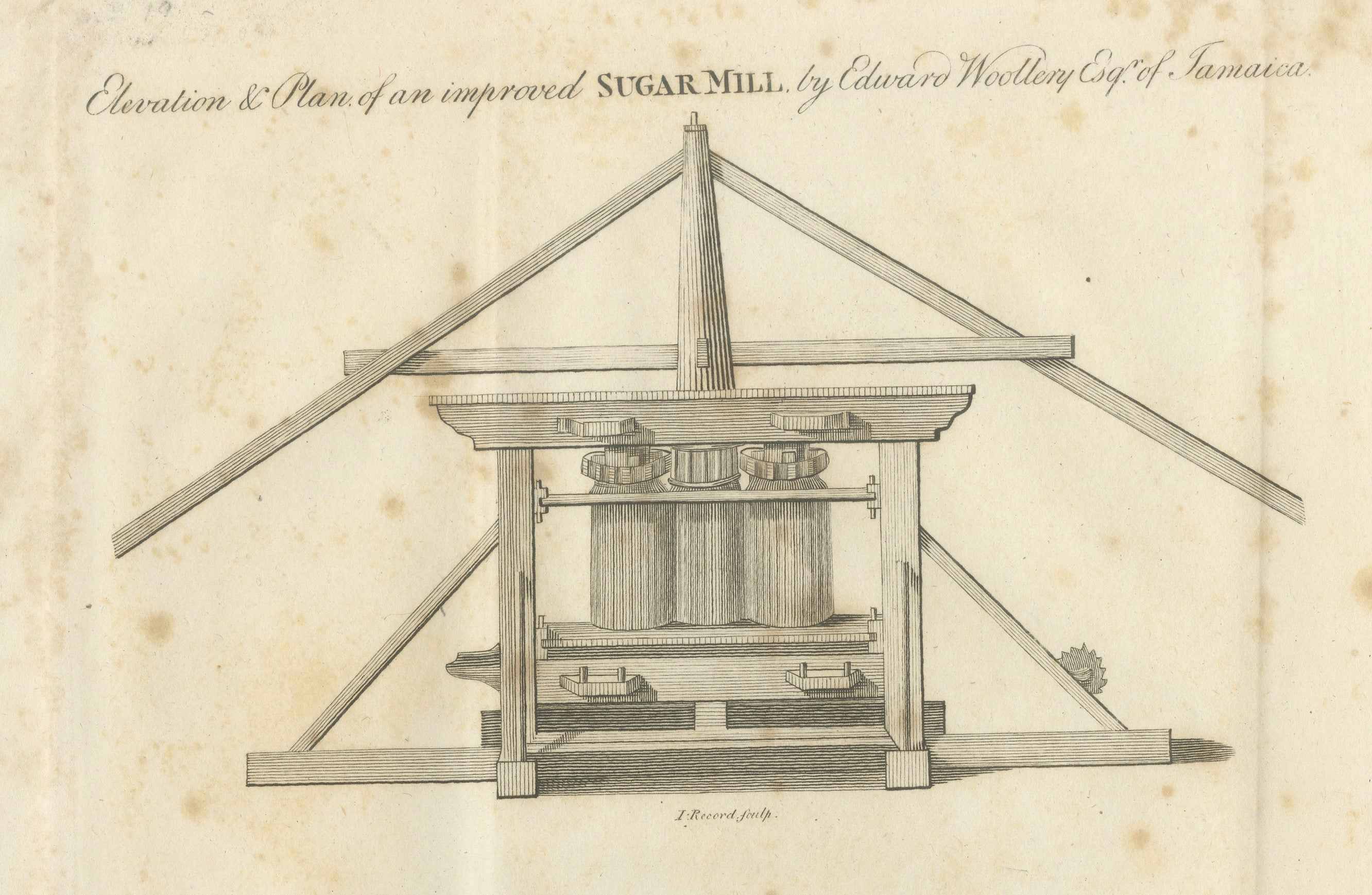 Antique Jamaican Sugar Mill Engineering Engraving, Bryan Edwards, 1818