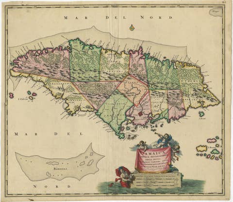 Antique Hand-Colored Map of Jamaica, circa 1680