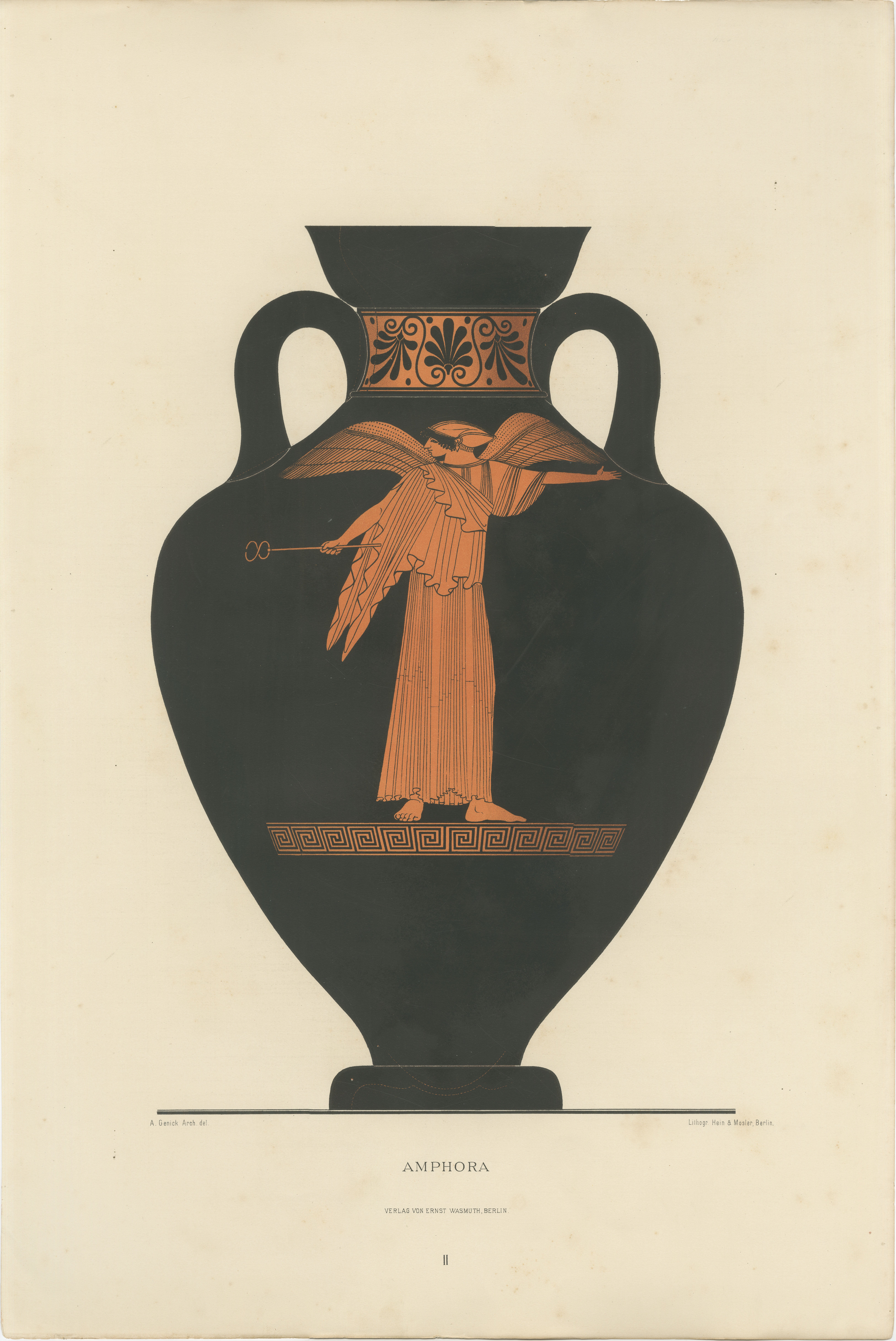 Antike griechische Amphore mit farbiger Lithografie der geflügelten Nike, 1883