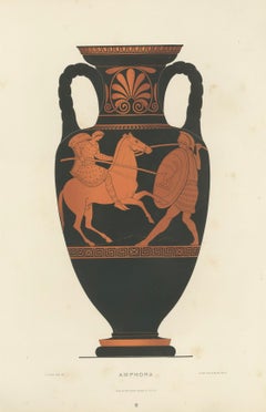 Antique Greek Amphora with Warrior & Horse Color Lithograph, 1883