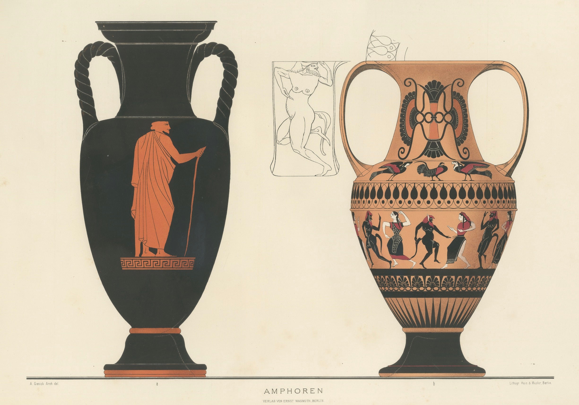 Antique Greek Amphorae Classical Pottery Color Lithograph, 1883