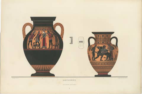 Antique Greek Amphorae with Mythological Figures Color Lithograph, 1883