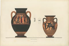 Lithographie en couleurs représentant des amphores grecques antiques ornées de figures mythologiques, 1883