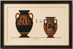 Lithographie en couleurs représentant des amphores grecques antiques ornées de figures mythologiques, 1883