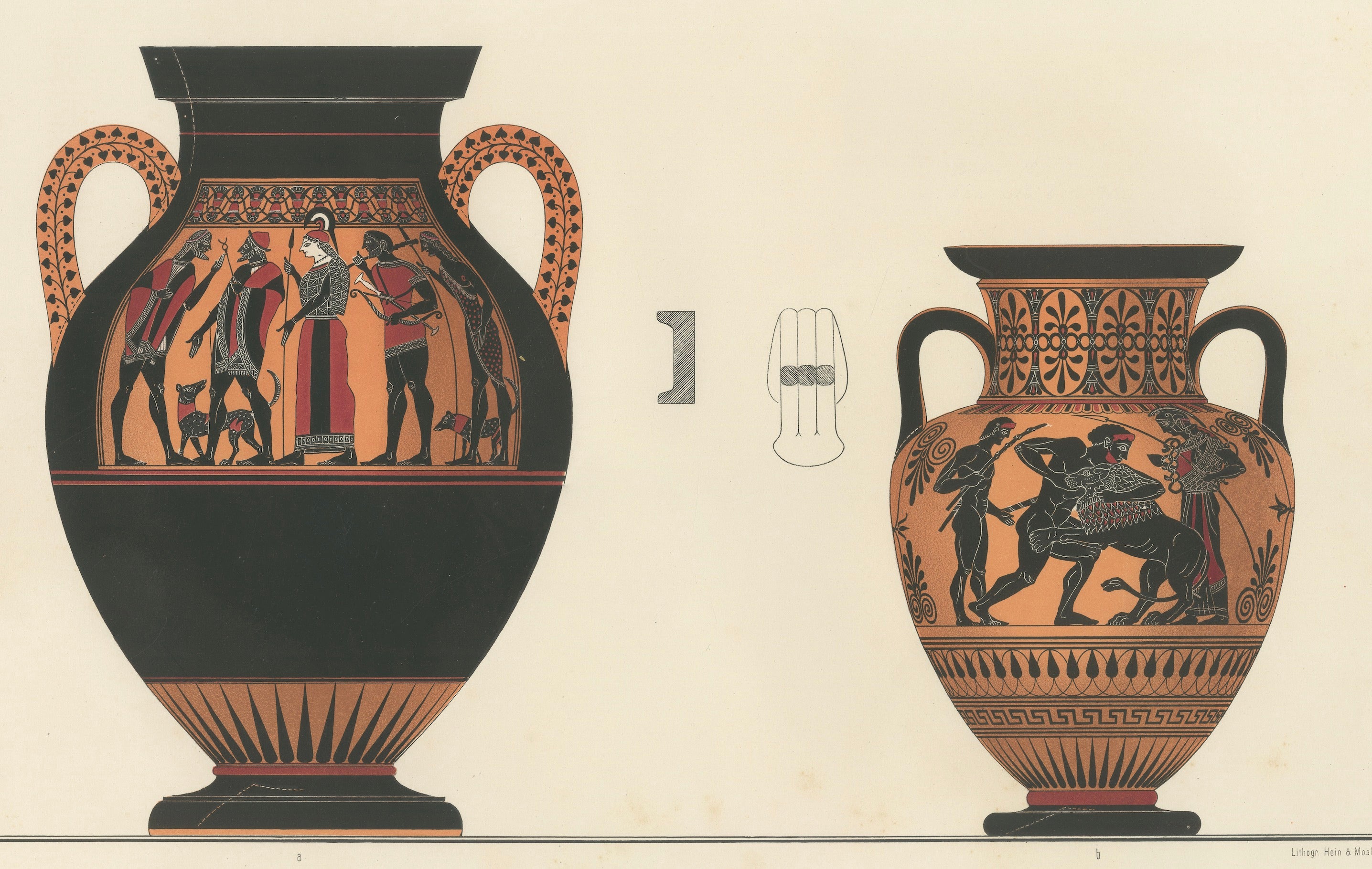 Antique Greek Amphorae with Mythological Figures Color Lithograph, 1883
