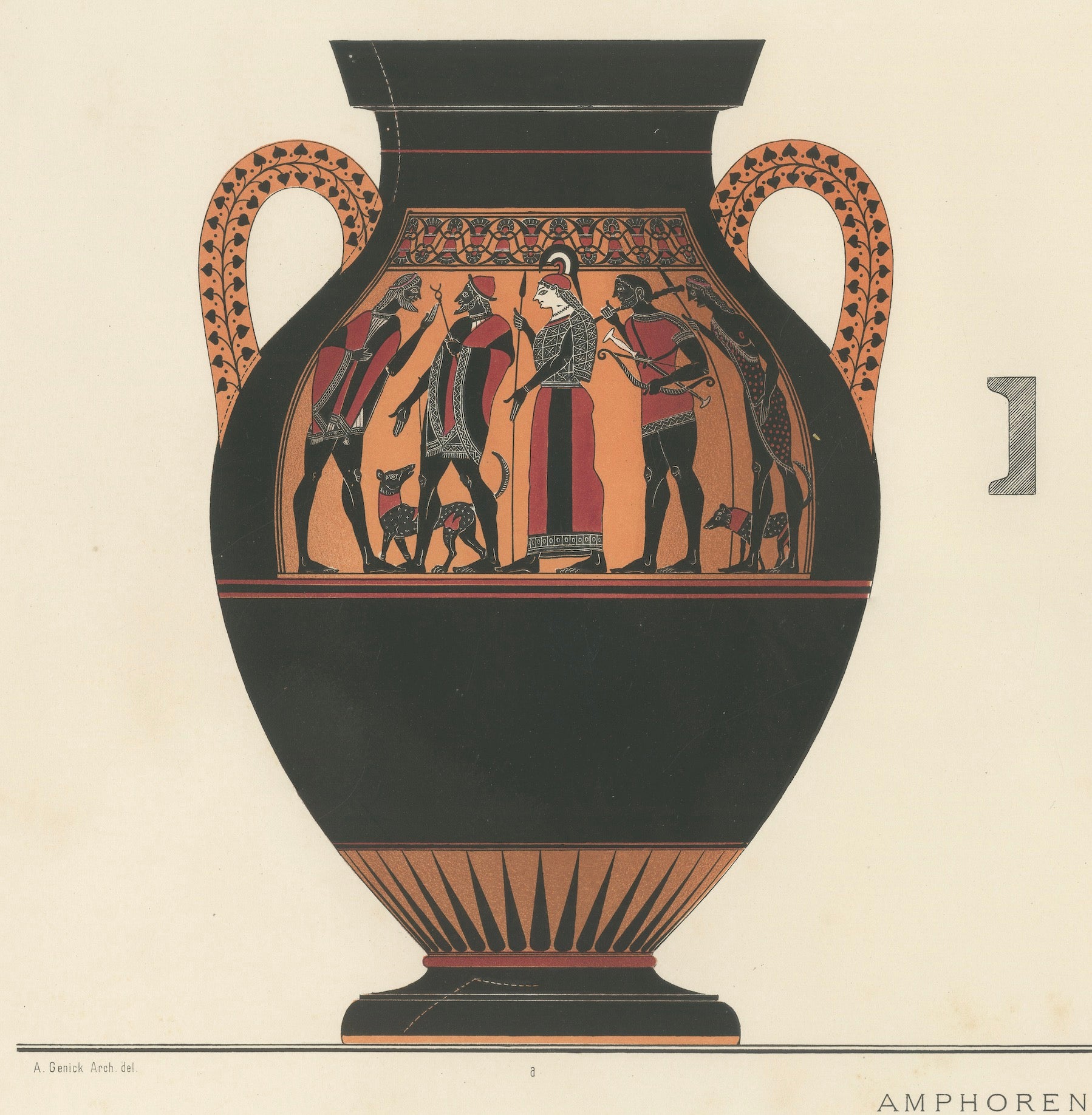 Antique Greek Amphorae with Mythological Figures Color Lithograph, 1883