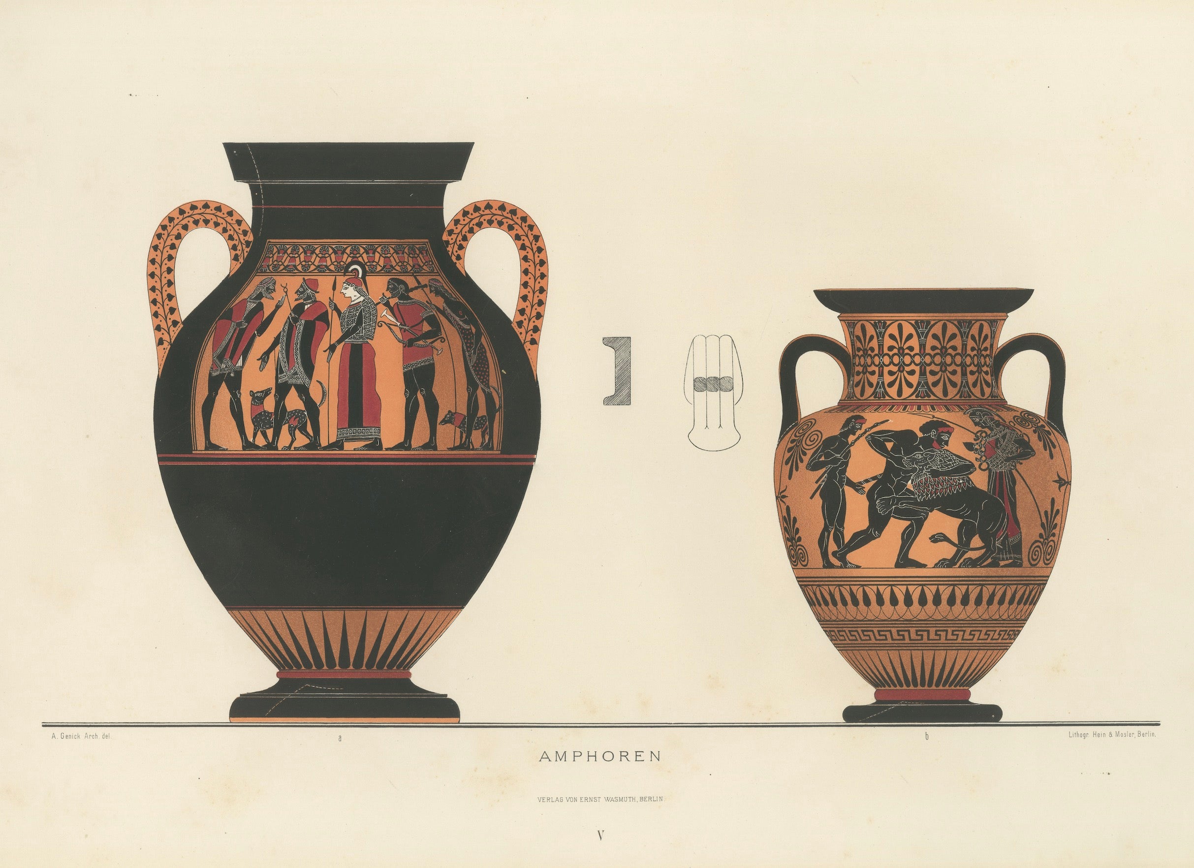 Antique Greek Amphorae with Mythological Figures Color Lithograph, 1883