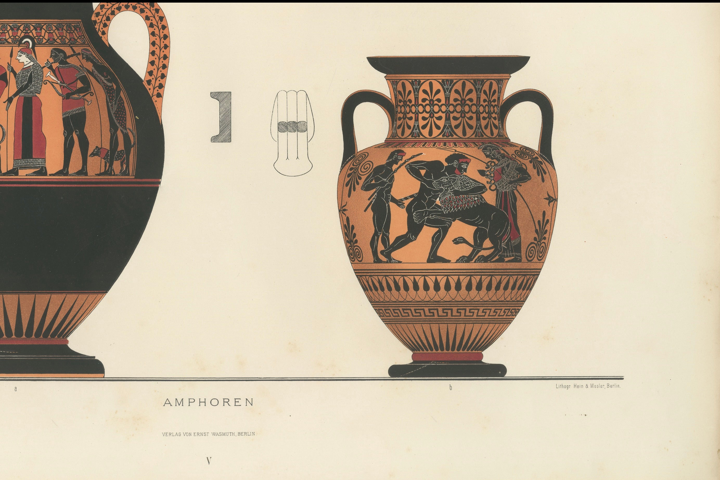 Antique Greek Amphorae with Mythological Figures Color Lithograph, 1883