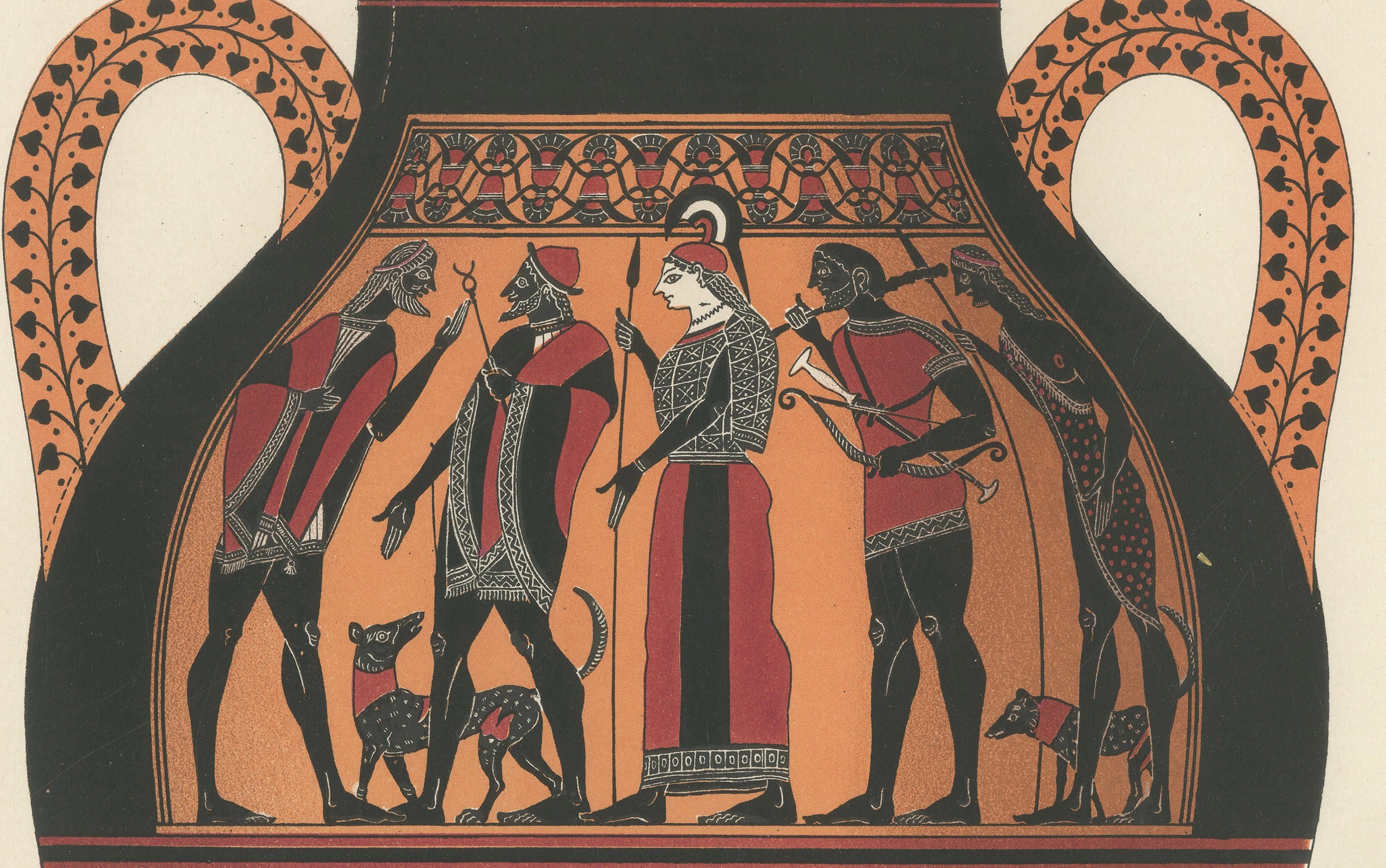 Antique Greek Amphorae with Mythological Figures Color Lithograph, 1883