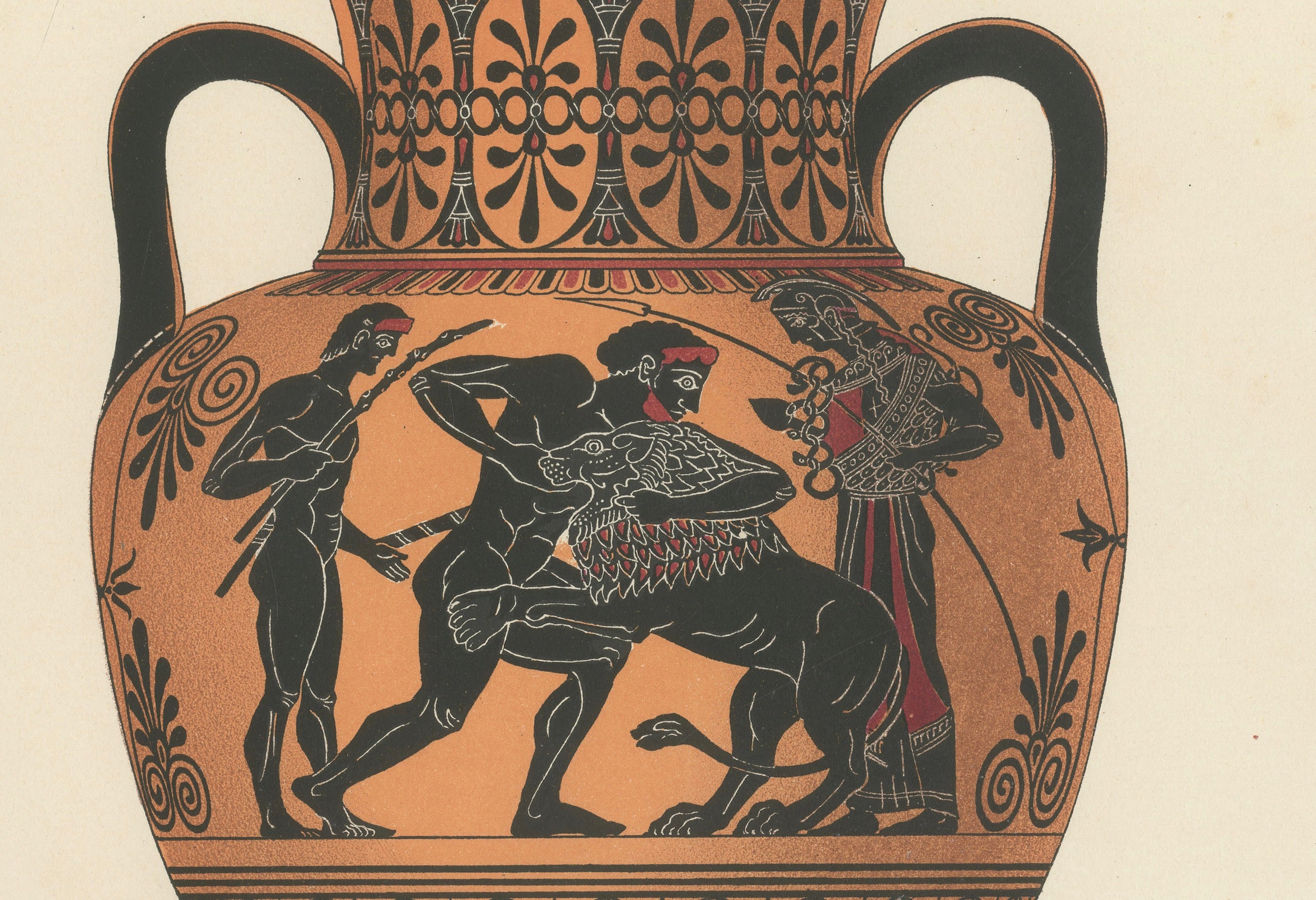Antique Greek Amphorae with Mythological Figures Color Lithograph, 1883
