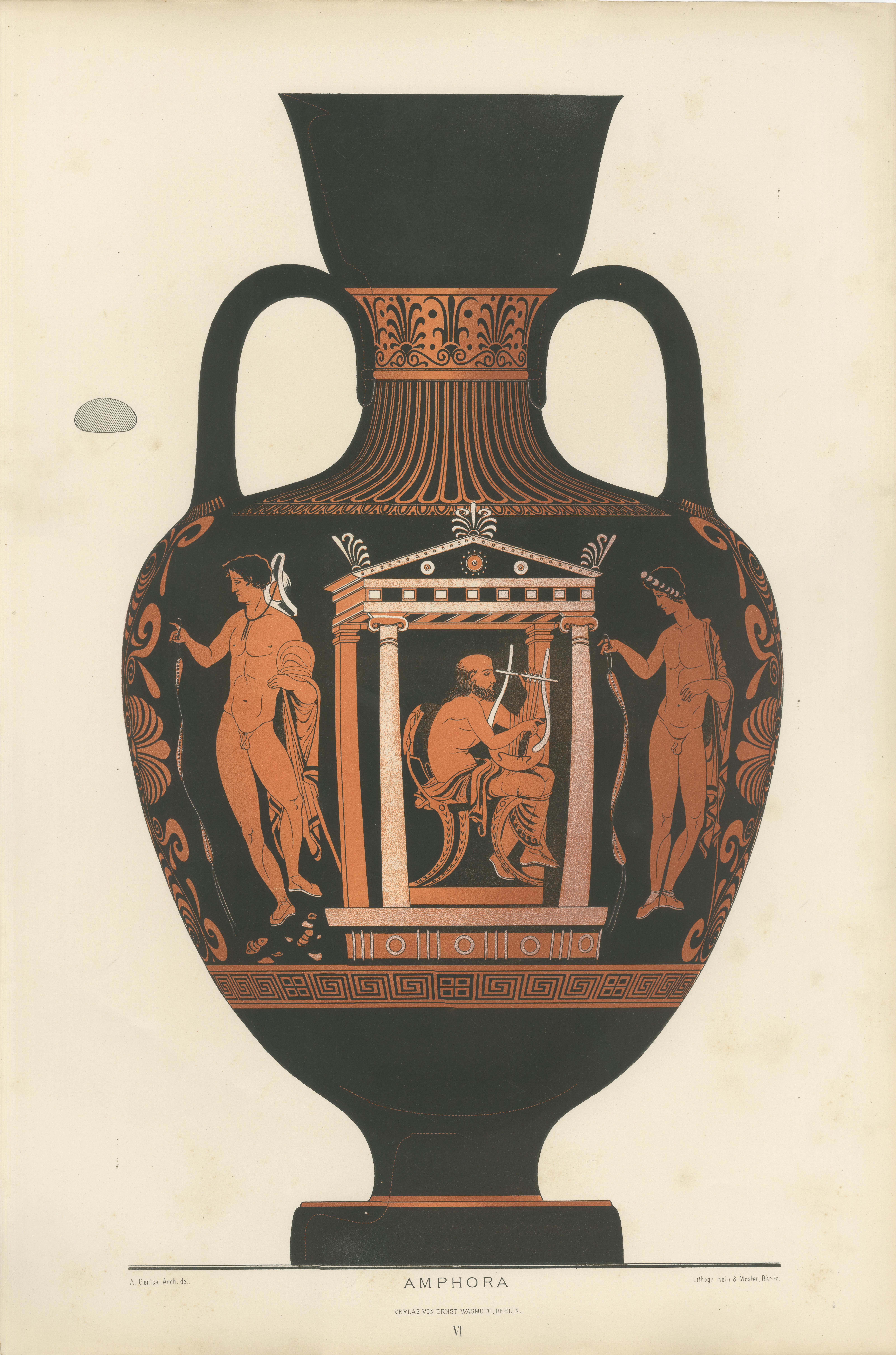 Antike griechische Amphore mit Leierspieler – klassische Lithografie, 1883