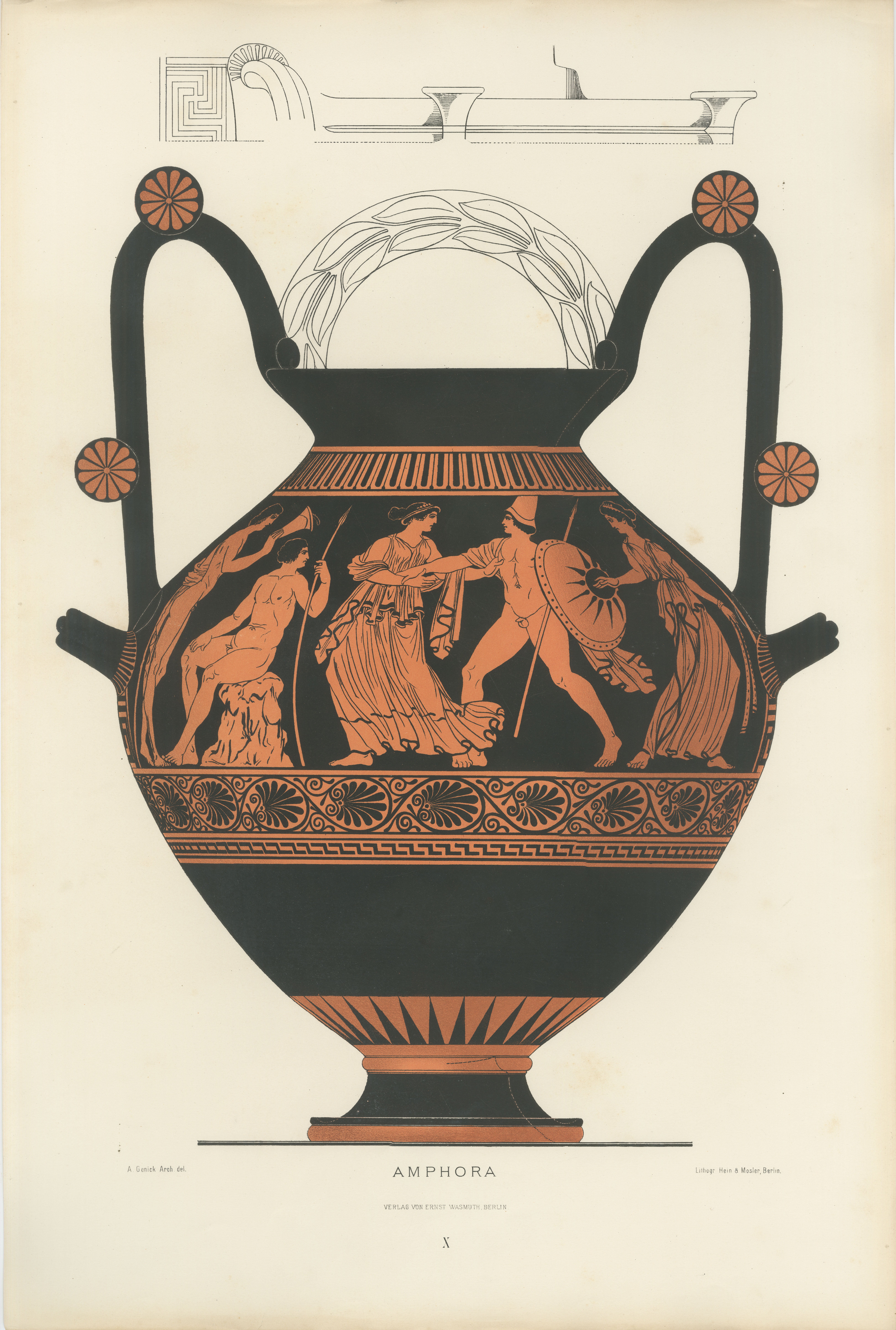 Antike griechische Amphore mit klassischen Figuren – Farblithografie, 1883