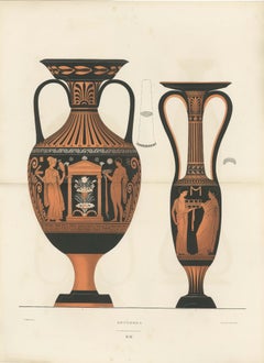 Lithographie sur deux pages représentant des amphores grecques antiques ornées de figures classiques, 1883