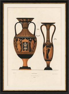 Lithographie sur deux pages représentant des amphores grecques antiques ornées de figures classiques, 1883