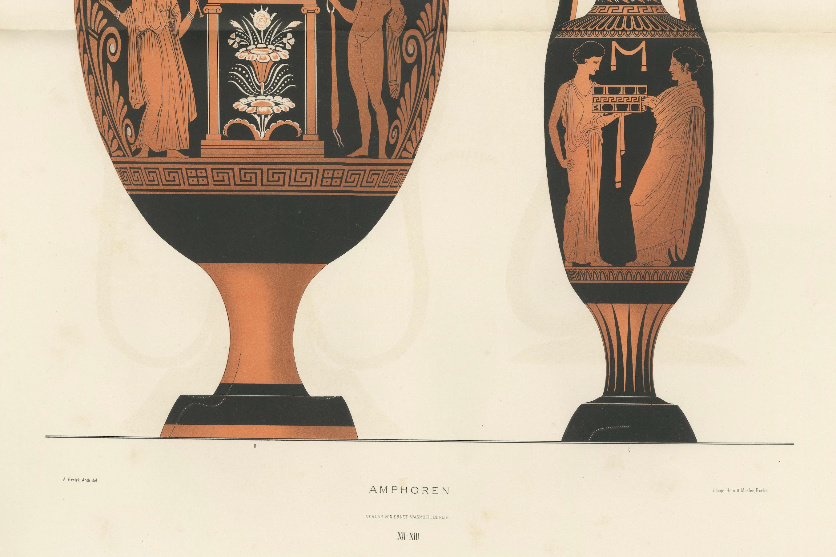 Antique Greek Amphorae with Classical Figures Double-Page Lithograph, 1883