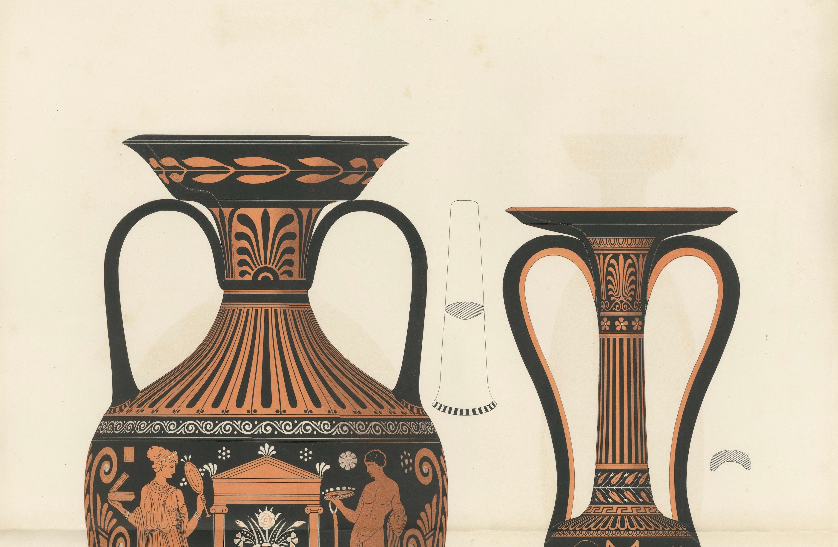 Antique Greek Amphorae with Classical Figures Double-Page Lithograph, 1883