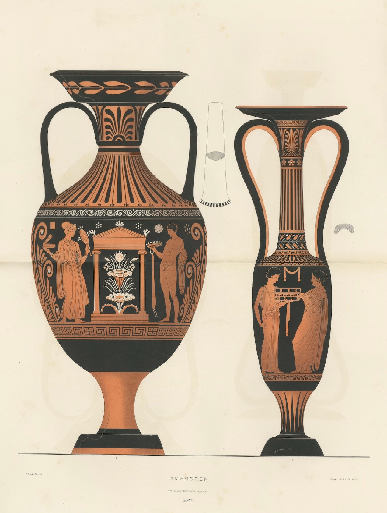 Antique Greek Amphorae with Classical Figures Double-Page Lithograph, 1883
