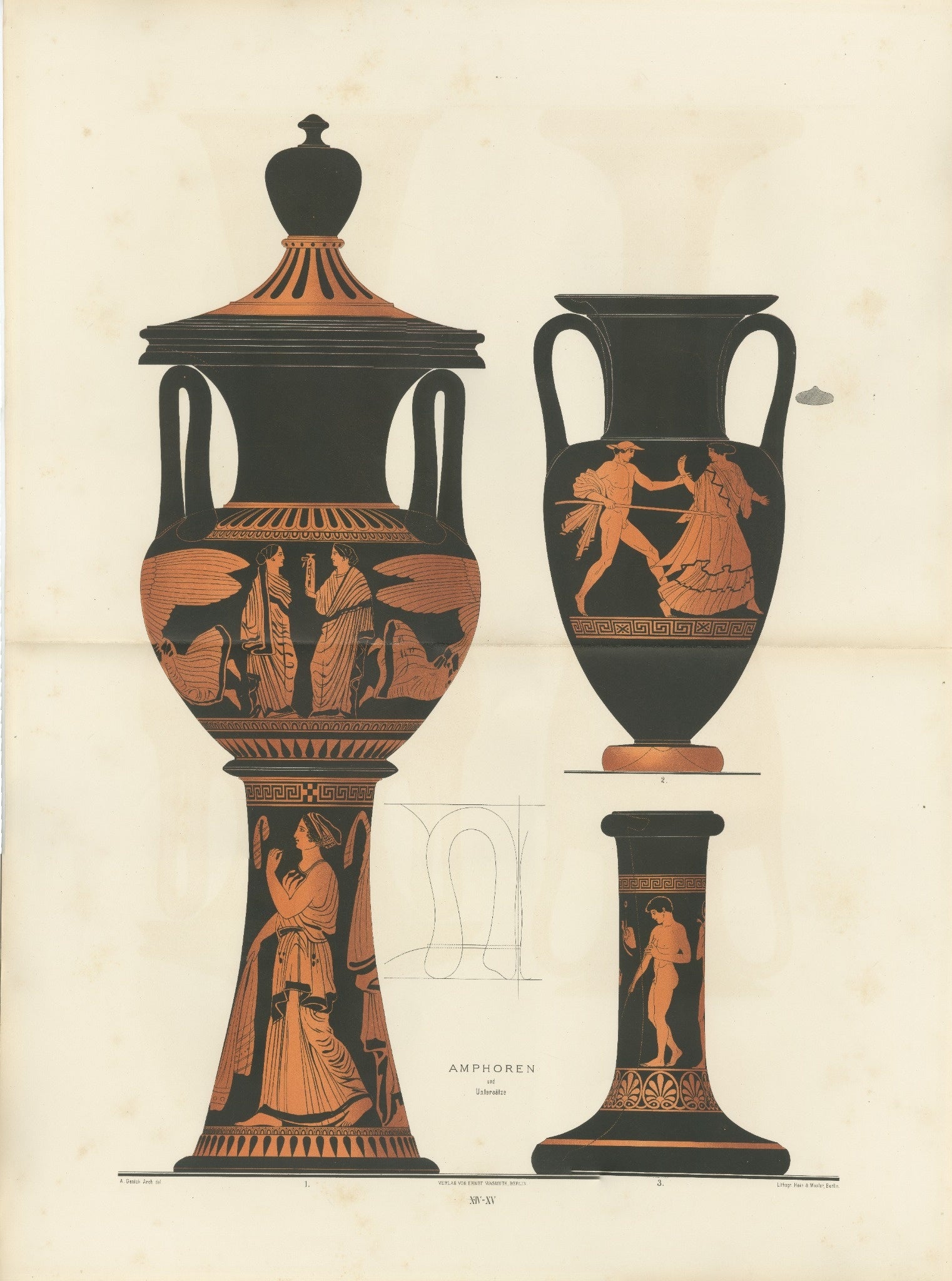 Antique South Italian Greek Amphorae Double-Page Lithograph, 1883