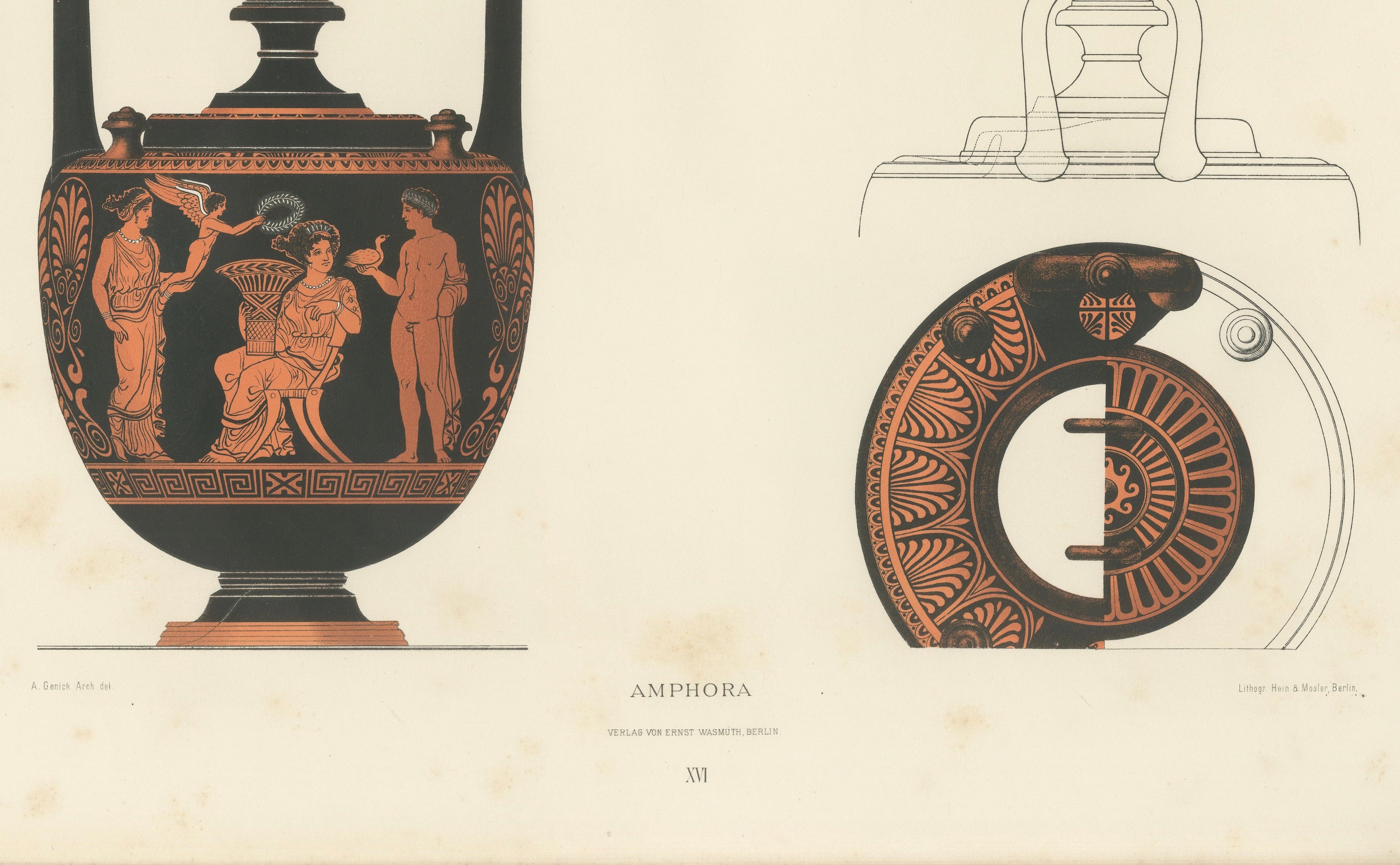 Antique Greek Lidded Amphora with Classical Figures Lithograph, 1883
