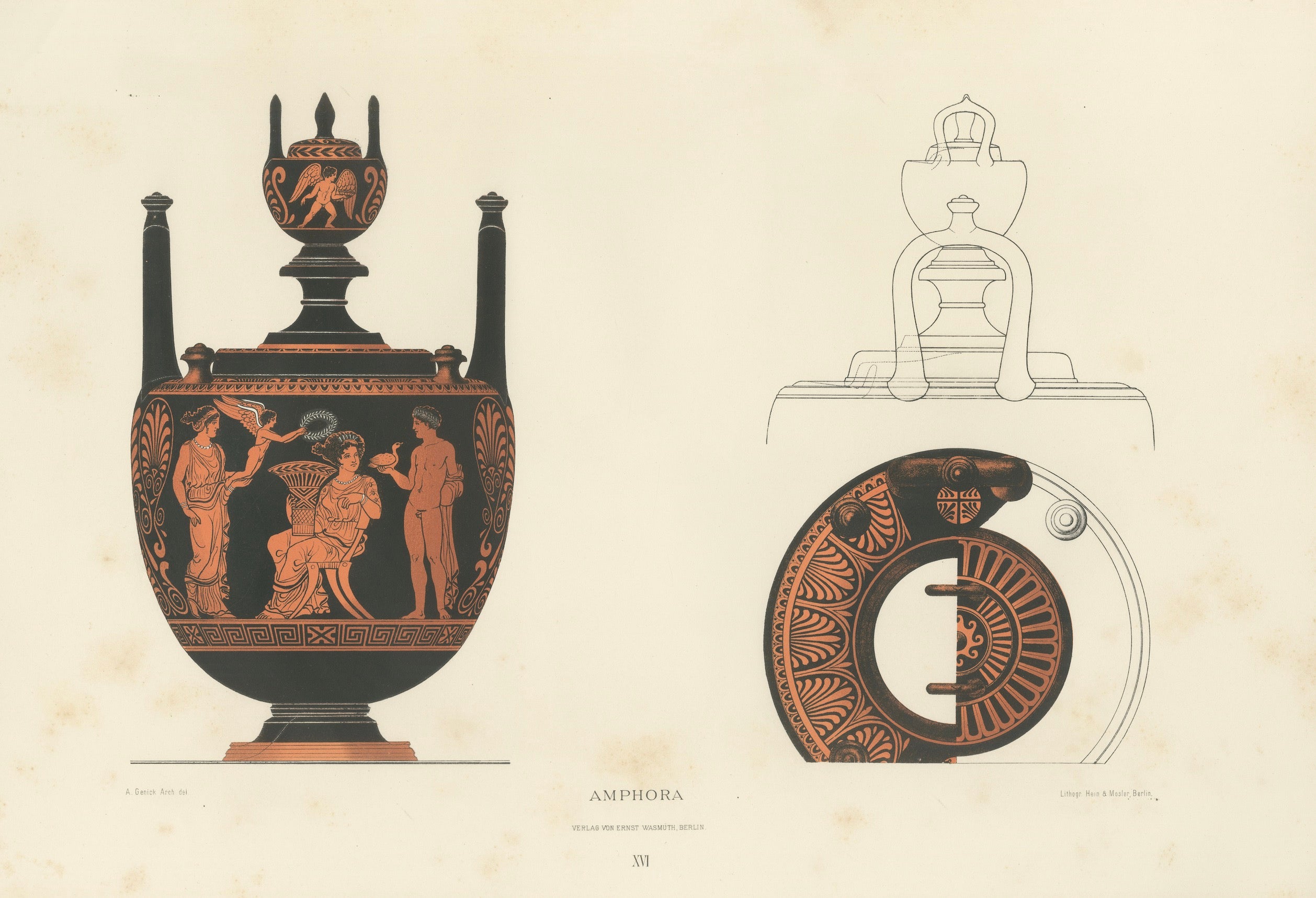 Antique Greek Lidded Amphora with Classical Figures Lithograph, 1883