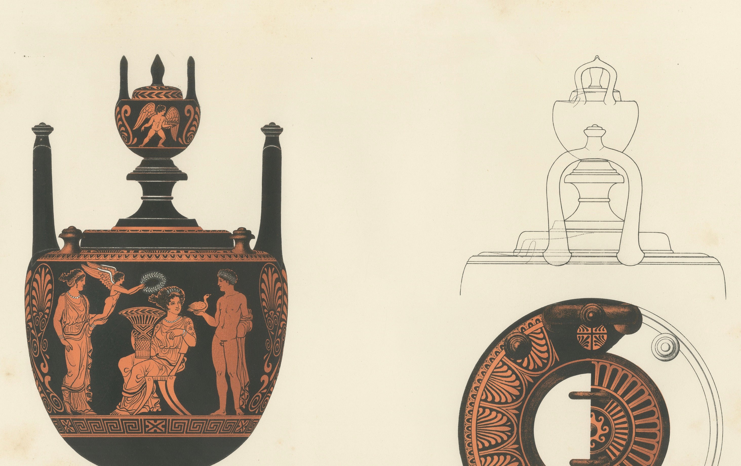 Antique Greek Lidded Amphora with Classical Figures Lithograph, 1883