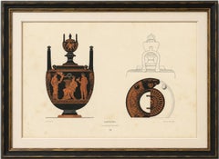 Lithographie représentant une amphore grecque antique à couvercle ornée de figures classiques, 1883