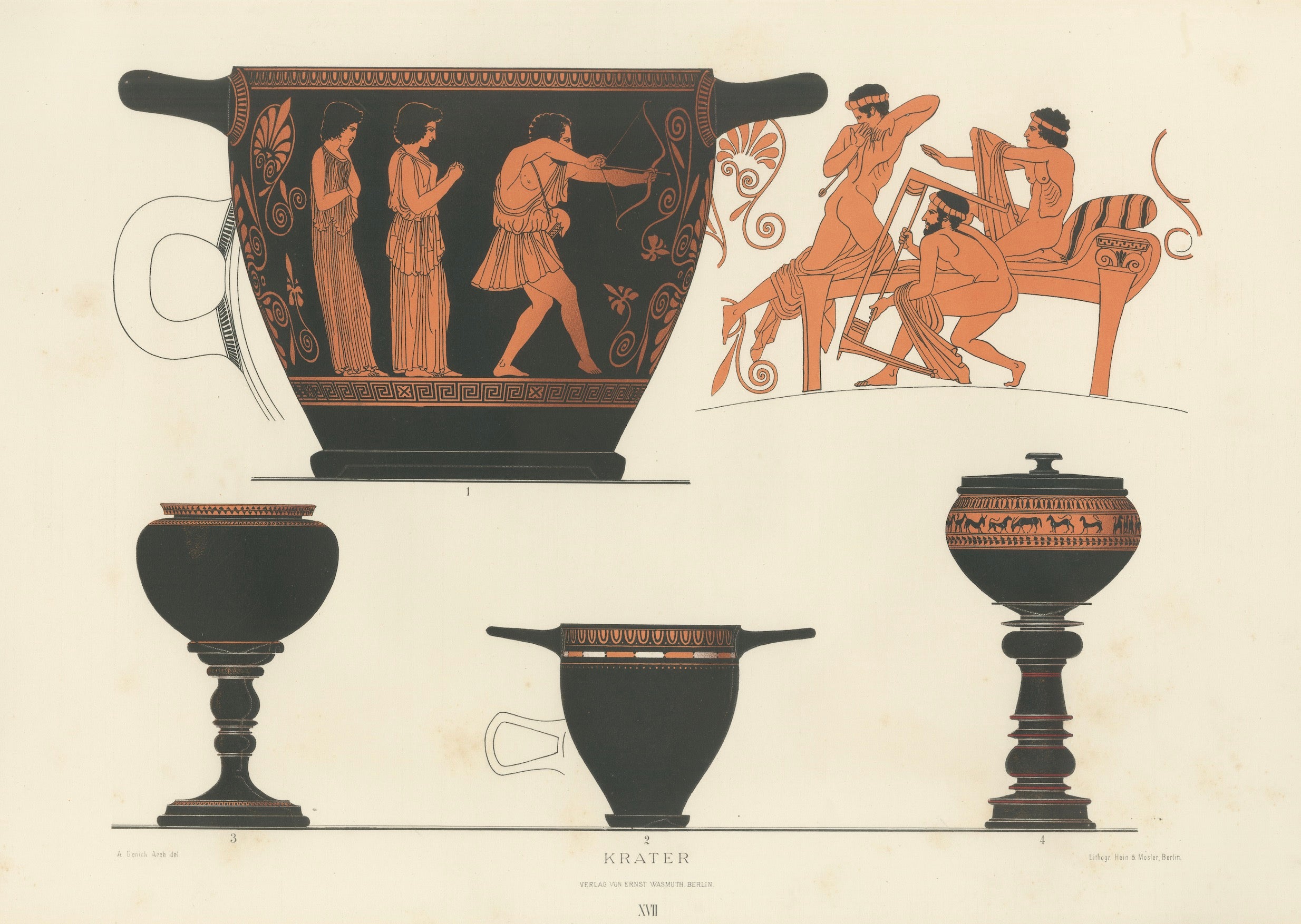 Antique Greek Kraters & Classical Figures Color Lithograph, 1883