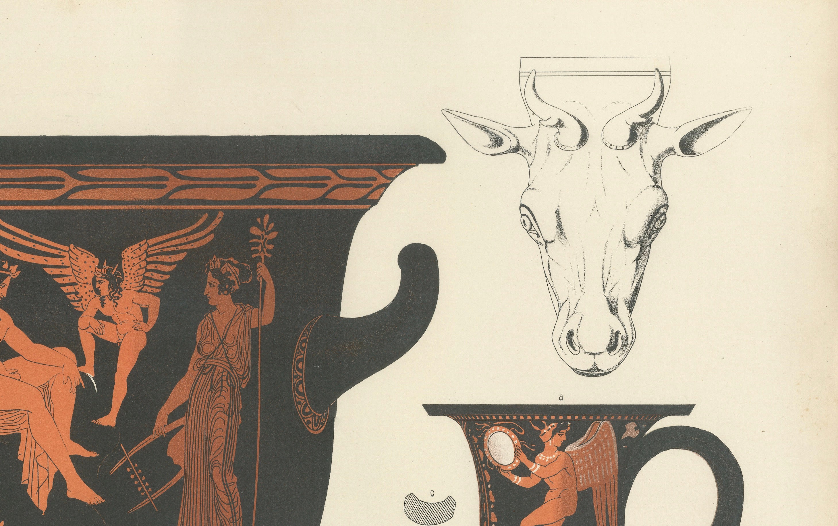 Antique Greek Krater & Rhyton Drinking Horns Color Lithograph, 1883