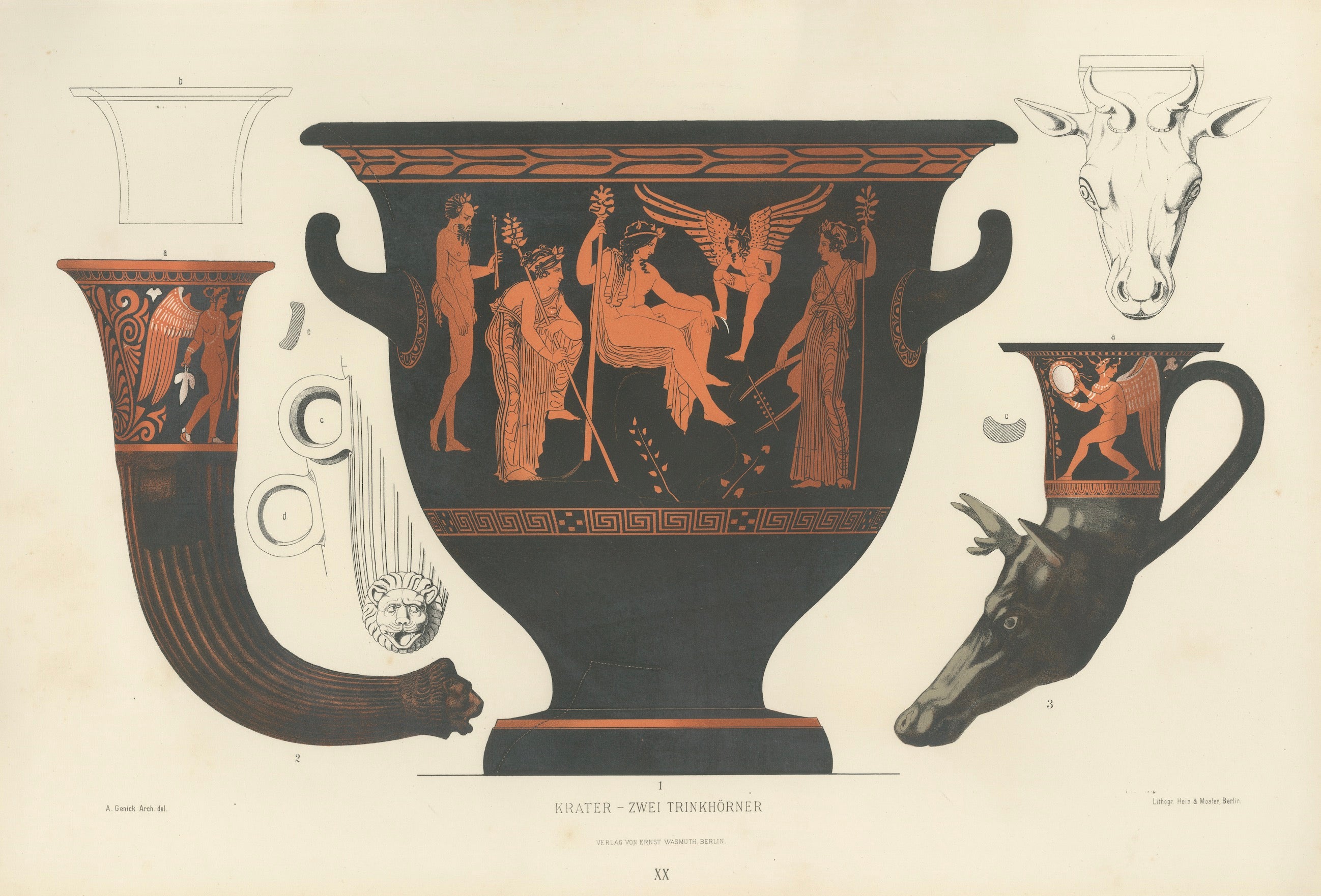 Antique Greek Krater & Rhyton Drinking Horns Color Lithograph, 1883