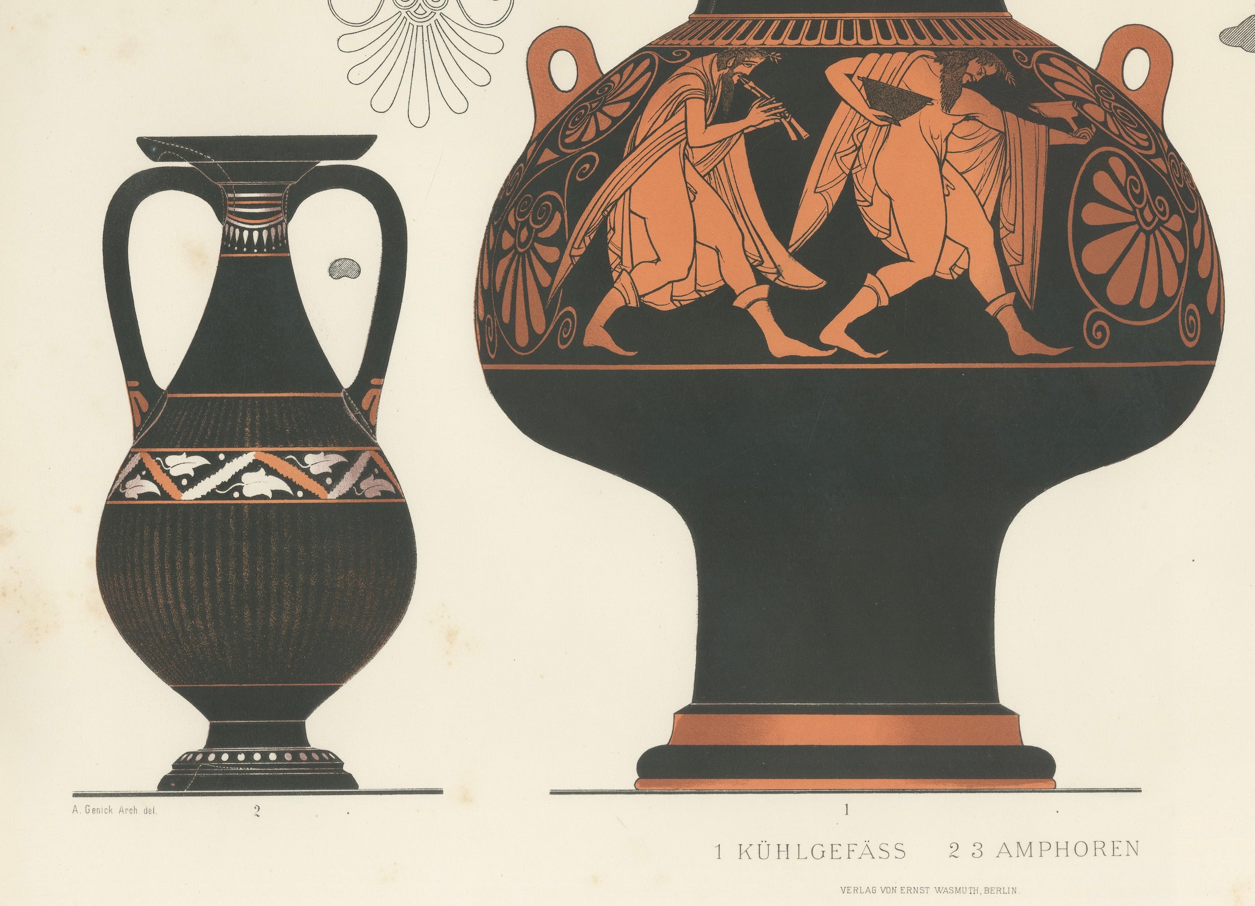 Antique Greek Vases, Cooling Vessel & Amphorae Lithograph, 1883