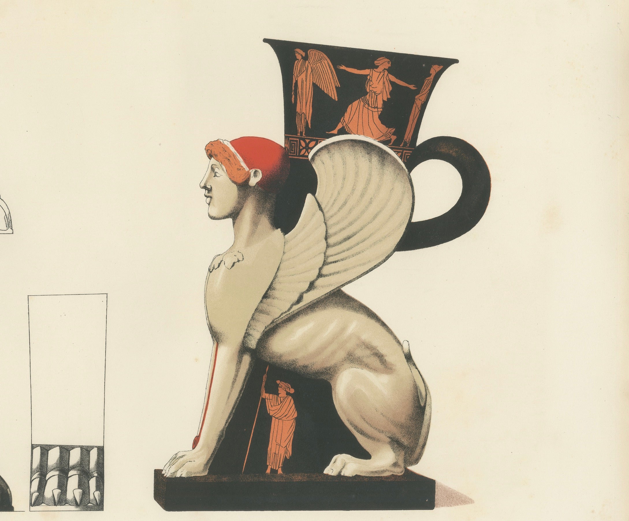 Antique Greek Sphinx & Ceremonial Vessels Color Lithograph, 1883